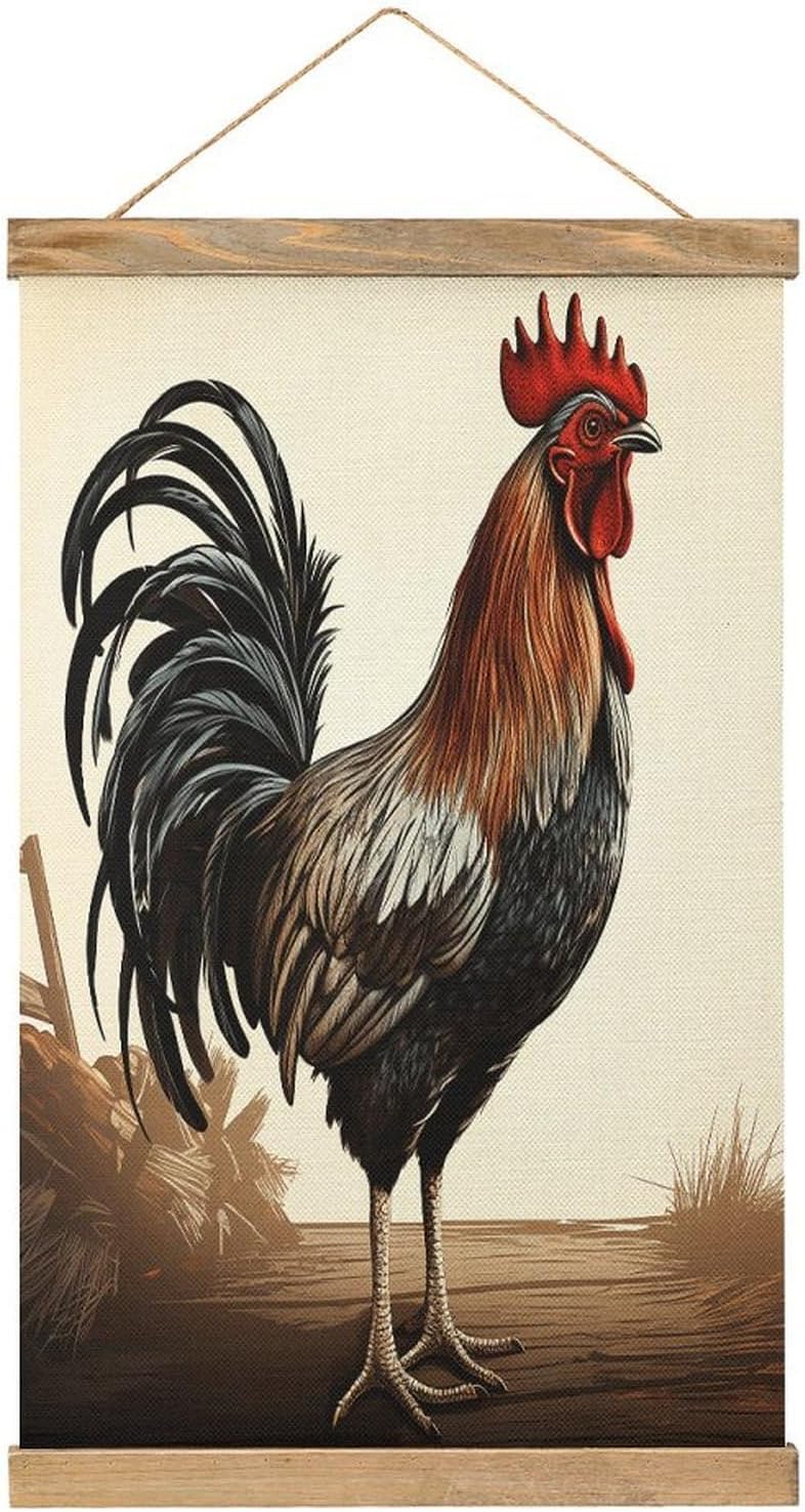 Vintage Rooster Poster with Wooden Frame Personalized Linen Hanging Scroll Painting Rustic Wall Hanging Illustrative Modern Artwork Decor for Home Living Room Bedroom Office