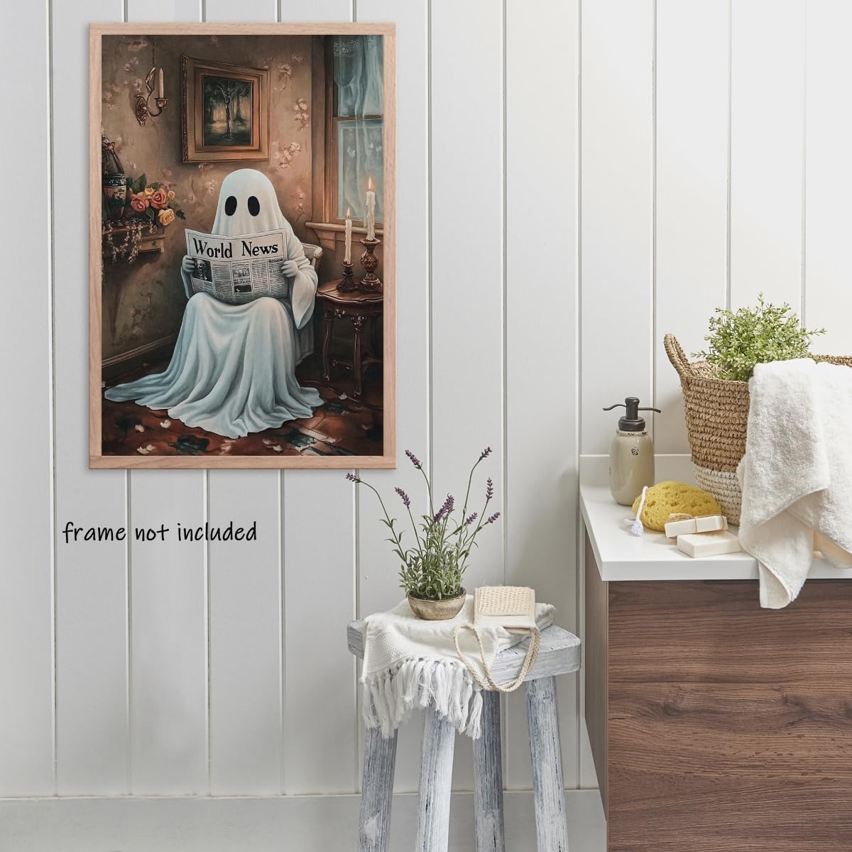 Dark Academia Halloween Ghost Canvas Wall Art Painting Vintage Spooky Ghost Reading Newspaper on Toilet Halloween Pictures Poster for Aesthetic Bathroom Room Wall Decor 08x10inch Unframed