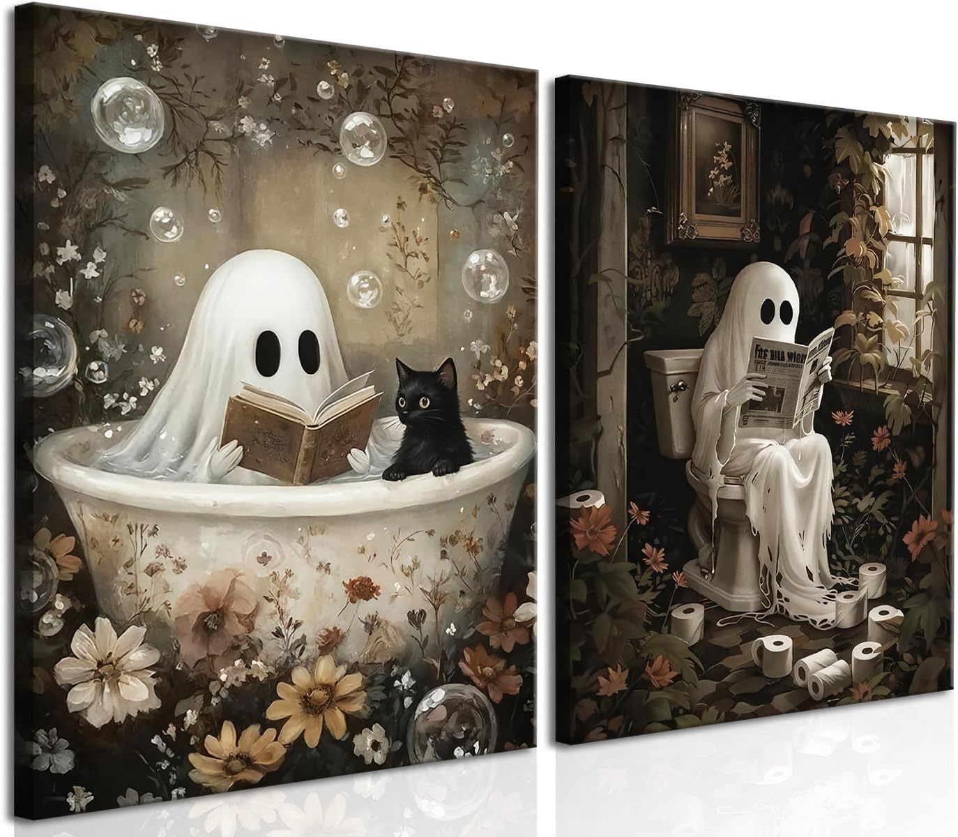 Halloween Ghost Bathroom Wall Art Set of 2, Funny Gothic Wall Decor Ghost and Black Cat in Bathroom Poster Canvas Prints Artwork Dark Academia Pictures for Bedroom Living Room 12x16 inch Framed