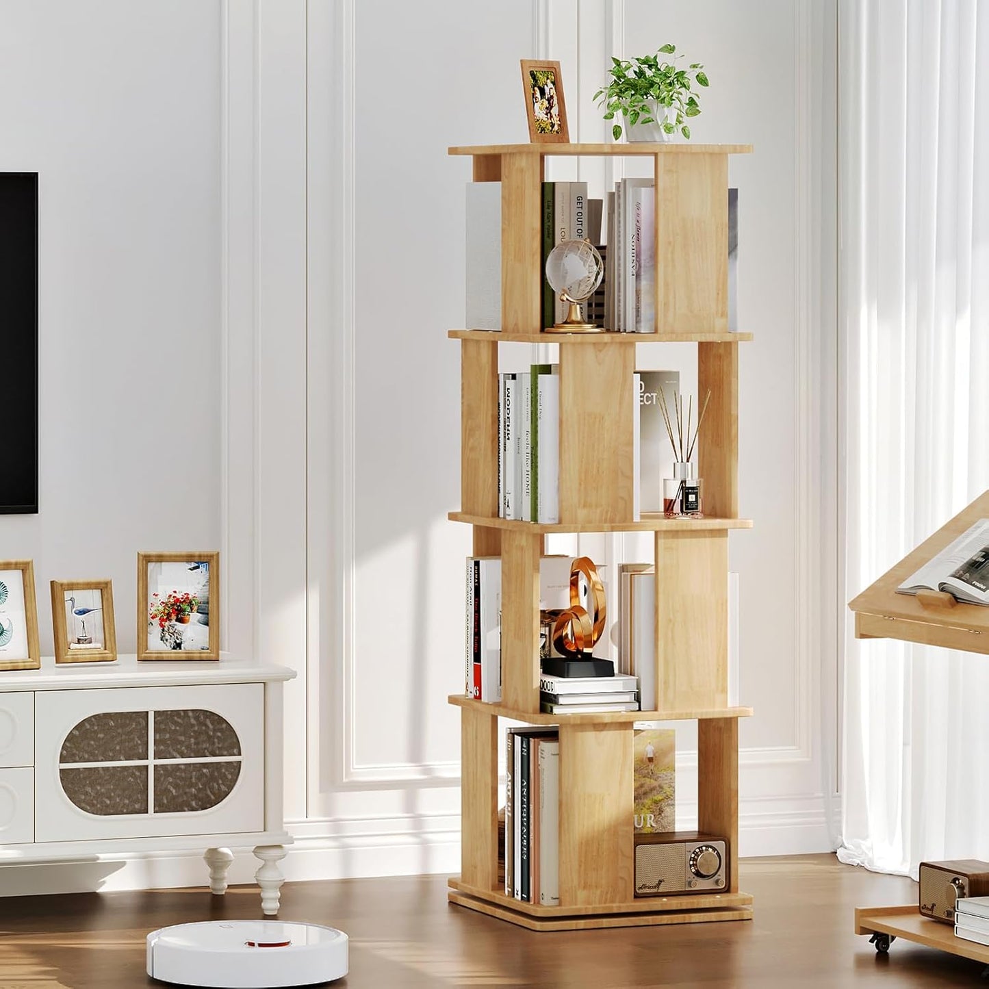 Wooden Rotating Bookshelf 4 Tier, Revolving Bookcase, 360° Spinning Book Shelf Tower Kids, Narrow Bookshelves Lazy Susan Organizer for Small Space, Corner, Bedroom, Living Room, Office, Natural
