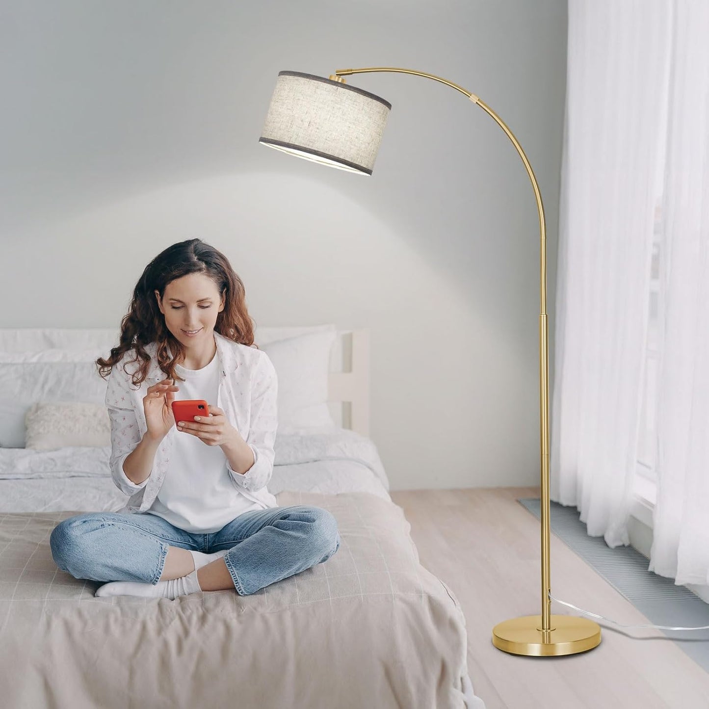 Gold Arc Floor Lamp for Living Room, Floor Lamp with Adjustable Drum Lampshade, Modern Tall Standing Lamp with Foot Switch, Over Couch Arched Pole Lamps for Reading Bedroom, 8W LED Bulb Included