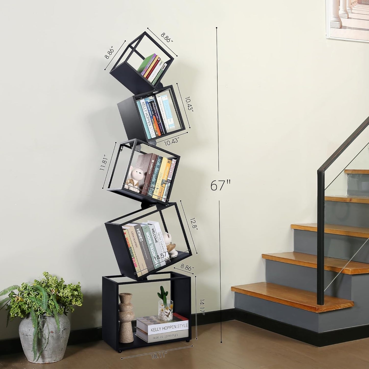 5-Tier Geometric Metal Bookshelf, Modern Unique Floor Corner Book Shelf 67", Display Storage Bookcase for Living Room, Bedroom, Office, Home Decor, Black