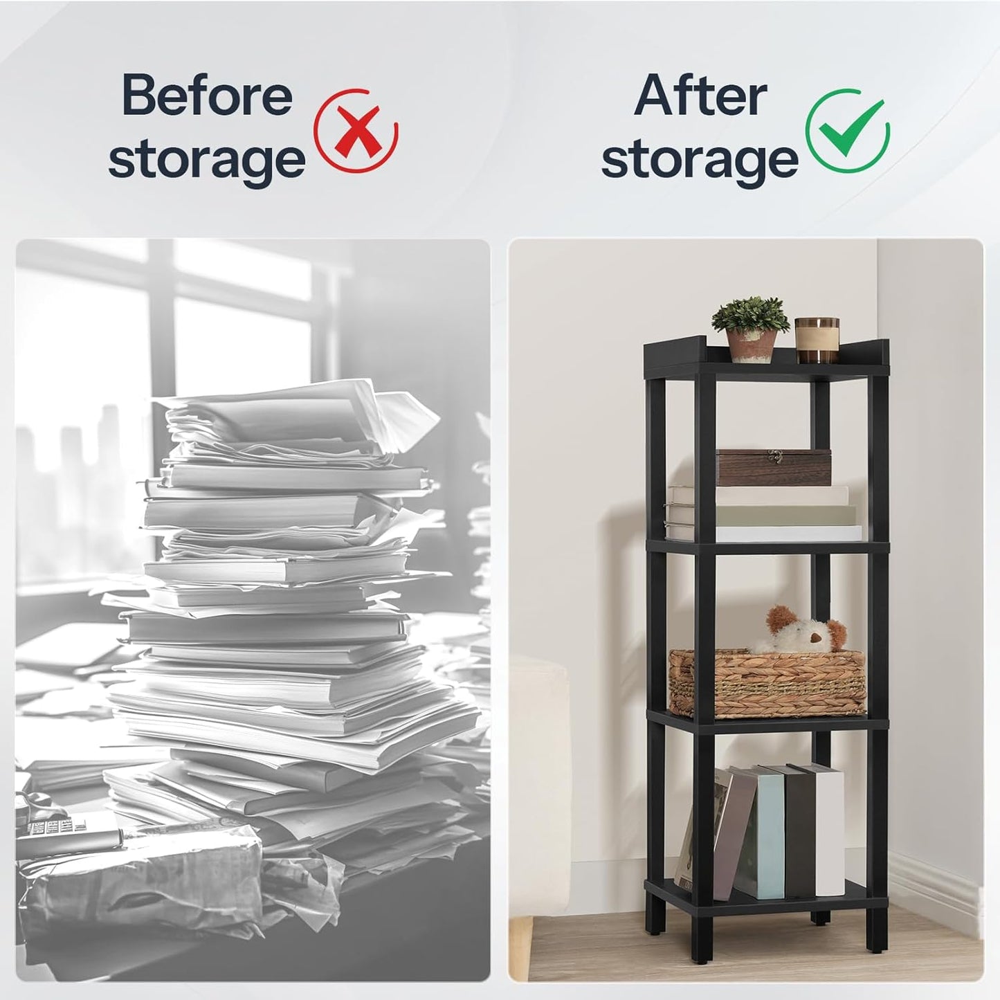 HOOBRO Small Bookcase, Industrial Style Bookshelf for Narrow Spaces, 4-Tier Square Book Shelf Stand, Easy to Install, Wooden Storage Rack Display Shelf, Corner Shelf for Living Room, Black BK08CJ01