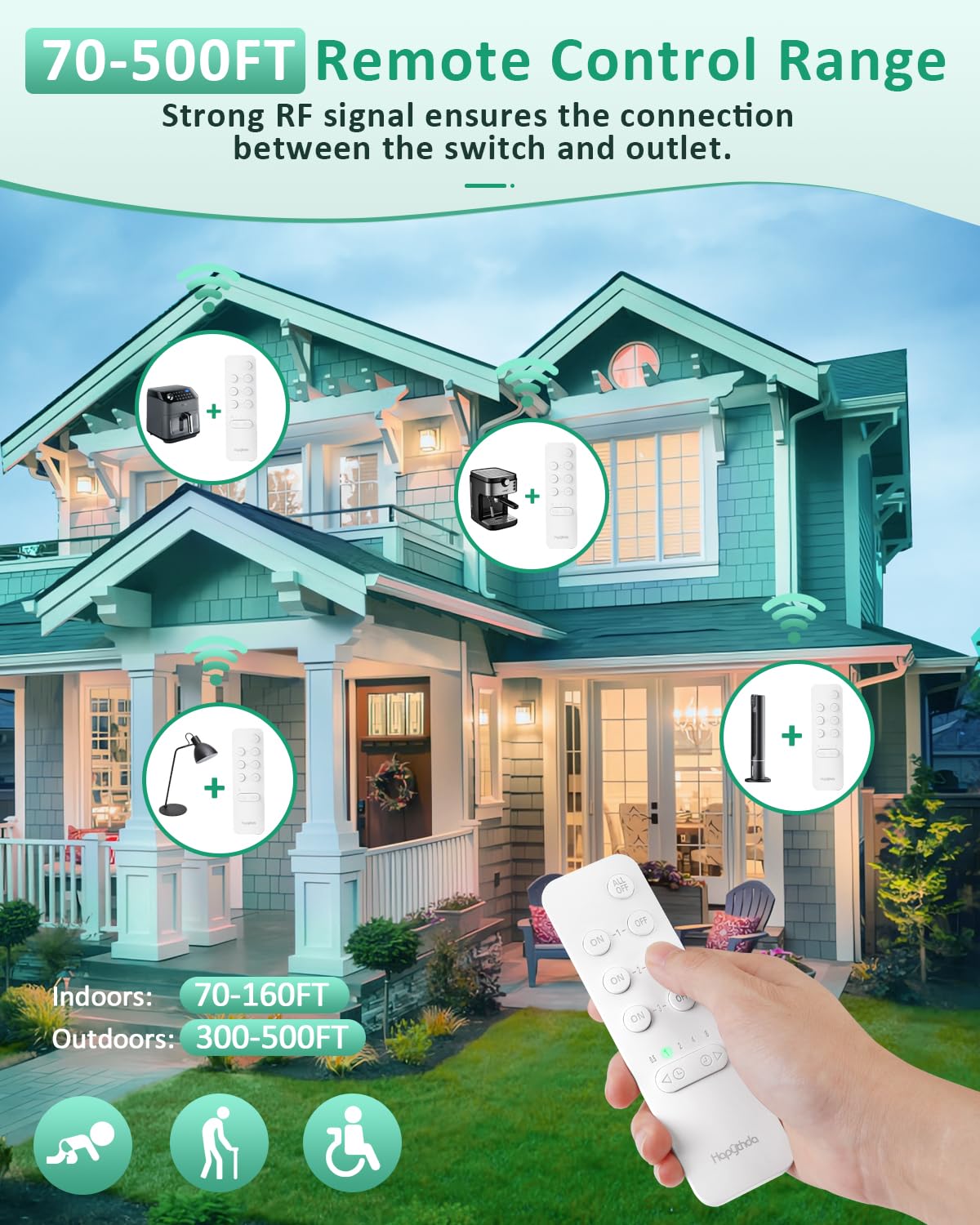 Remote Control Outlet Plug with Countdown Function, 15A/1500W, 500 Feet RF Range Wireless Light Switch, No Wiring Needed Remote Outlet for Small Electrical Appliance,3 Outlets & 1 Remote