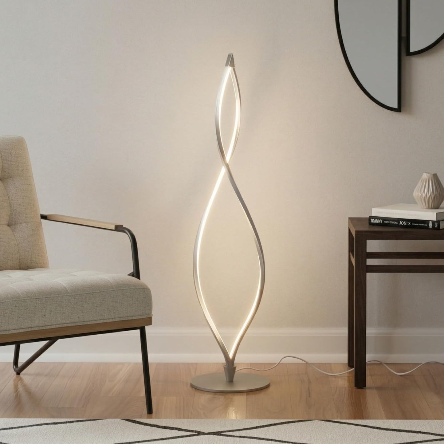 Brightech Twist Floor Lamp, Bright Tall Lamp for Offices, Modern LED Spiral Lamp for Living Rooms, Dimmable Standing Lamp with Sturdy Base for Bedroom Reading, Great Living Room Decor - Silver
