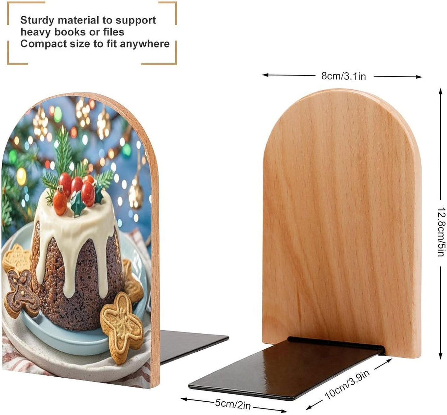 Christmas Pudding Bookends 1 Pair Heavy Duty Book Ends for Shelves Non-Skid Bookend Supports Wooden Book Holders with Metal Base Desk Organizers Books Storage to Hold Books