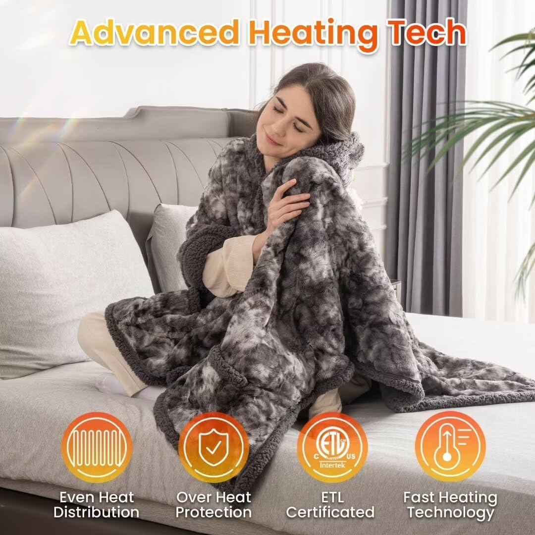 WOOMER Wearable Heated Electric Blanket 50”×60“, Soft Faux Fur & Cozy Sherpa Heated Wrap Poncho with Hood and Pocket, 4 Heat Levels & 4H Auto Off, Gifts for Parents and Friends