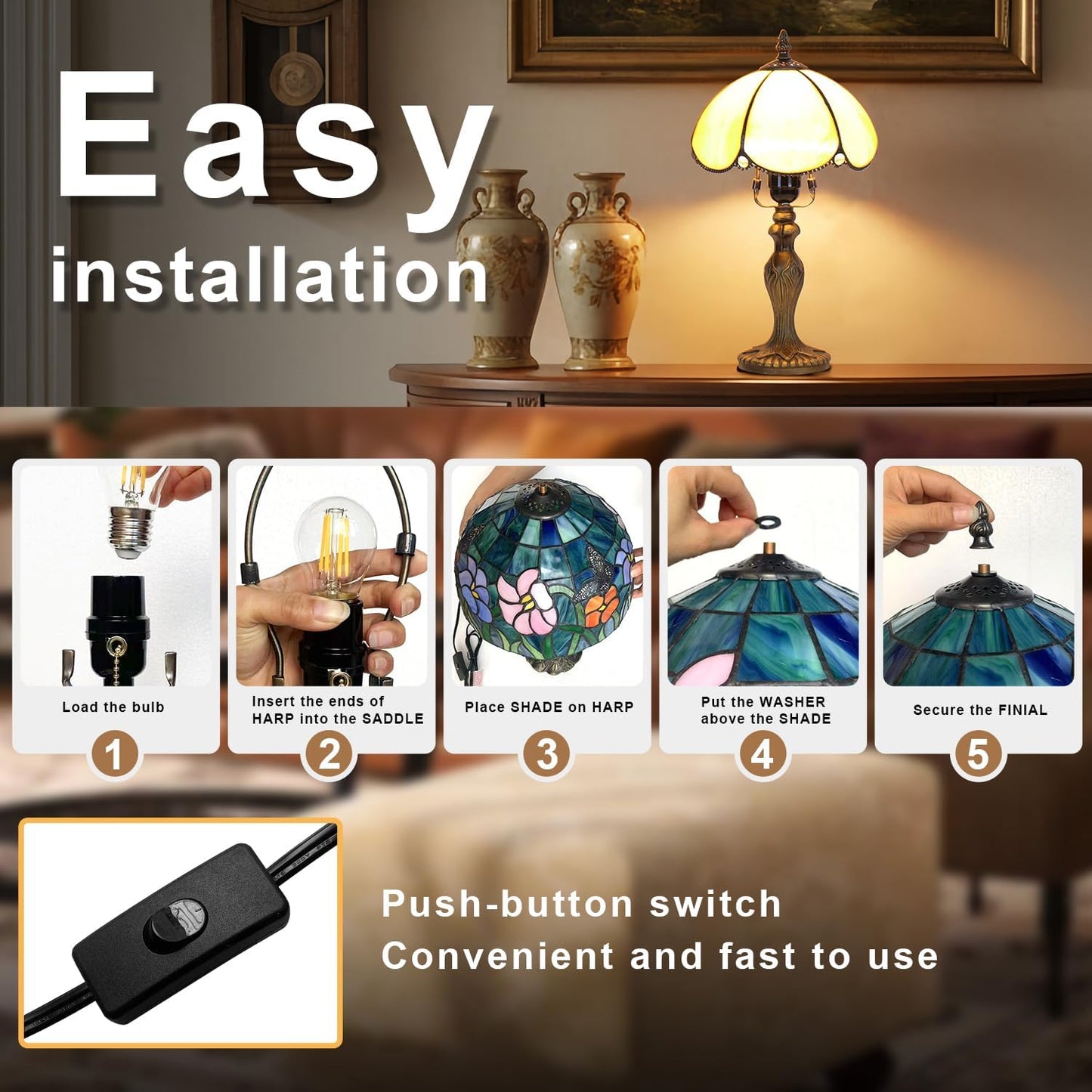 Tiffany Table Lamp, Stained Glass Lamp, Simple European Style, 8 Inch Small Night Light, for Bedroom Living Room Office