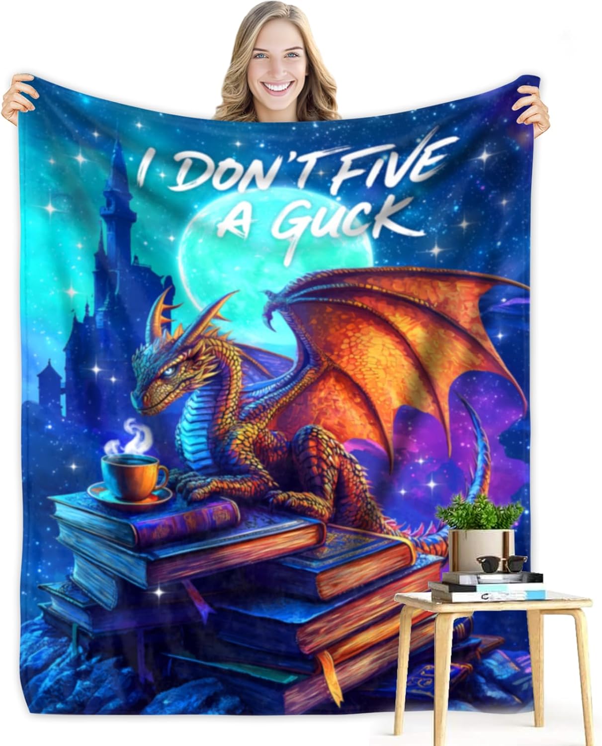 Moonlit Dragon Throw Blanket for Fantasy Lovers - 50x60 Inch Soft & Humorous Fleece with I Don't Five A Guck Design, Cozy Blanket for Couch, Gaming Chairs, Reading Nooks, and Bed Relaxation