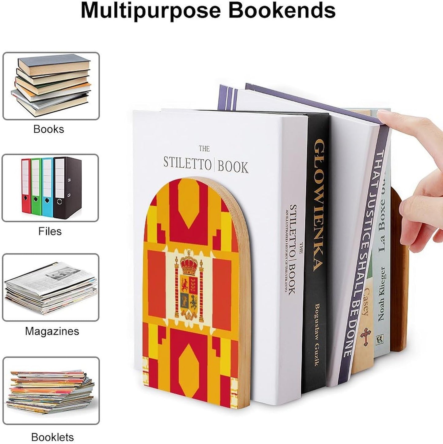 Spanish Flag Pattern Wooden Bookend Non-Slip Book Ends Heavy Duty Book Stopper with Metal Base Books Holderd Decorative Bookends Stands Firmly for Office Supplies