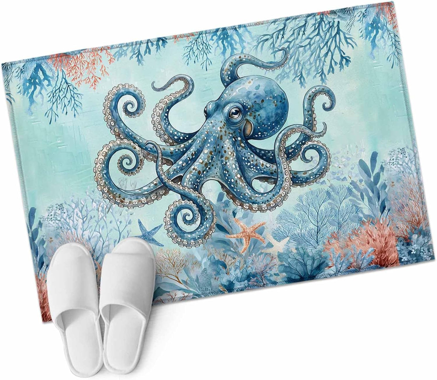 2x3 Ft Entryway Area Rug, Coastal Octopus Blue Kitchen Rug Runner Washable Floor Mat, Summer Beach Nautical Coral Starfish Non Slip Indoor Door Mat Throw Carpet for Bathroom Living Room