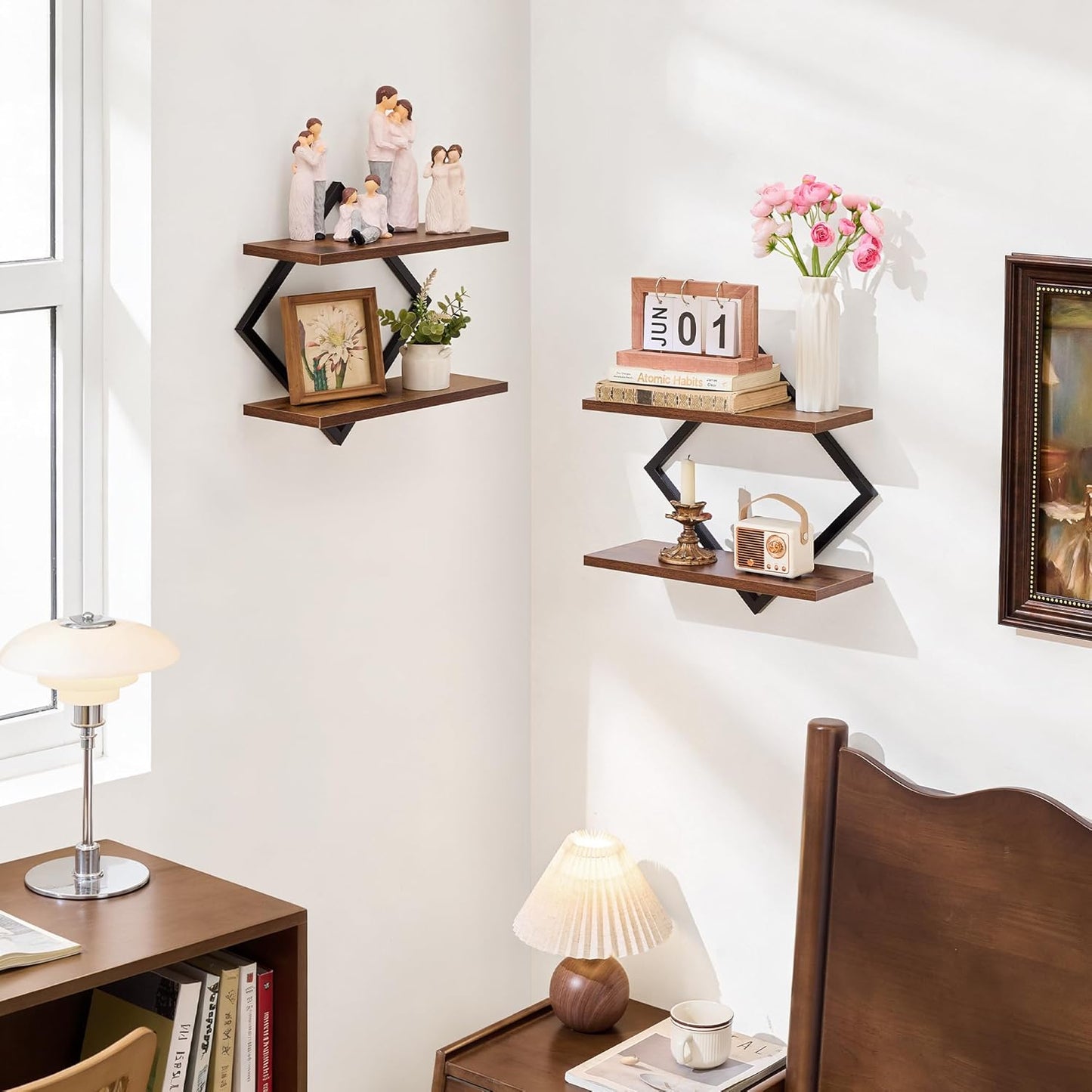 Set of 2 Floating Shelves Farmhouse Wall Shelves 2-Tier Decorative Hanging Shelves Wall Mounted Bathroom Shelves Wooden Wall Decor Shelf (Brown)