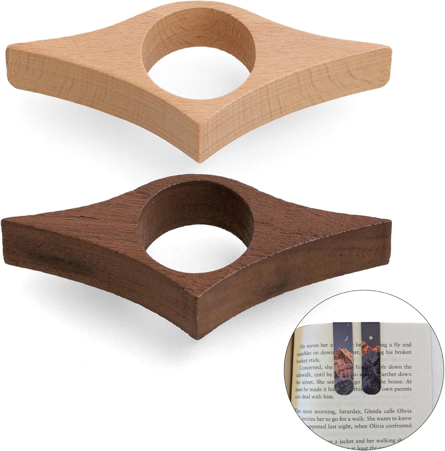 4 Piece Set: Ergonomic Wood Book Page Holder & 2 Magnetic Bookmarks - Thumb Book Opener - Ideal Reading Accessories & Gifts for Book Lovers