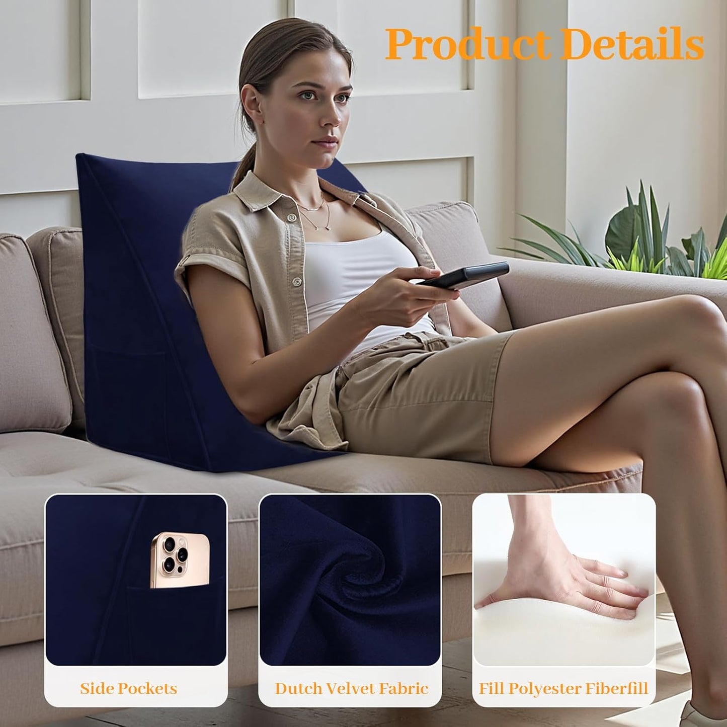 Wedge Headboard Pillow Reading Backrest Pillows for Sitting in Bed Sofa Dorm with Removable Cover Side Pockets Dutch Velvet Fabric Dark Blue