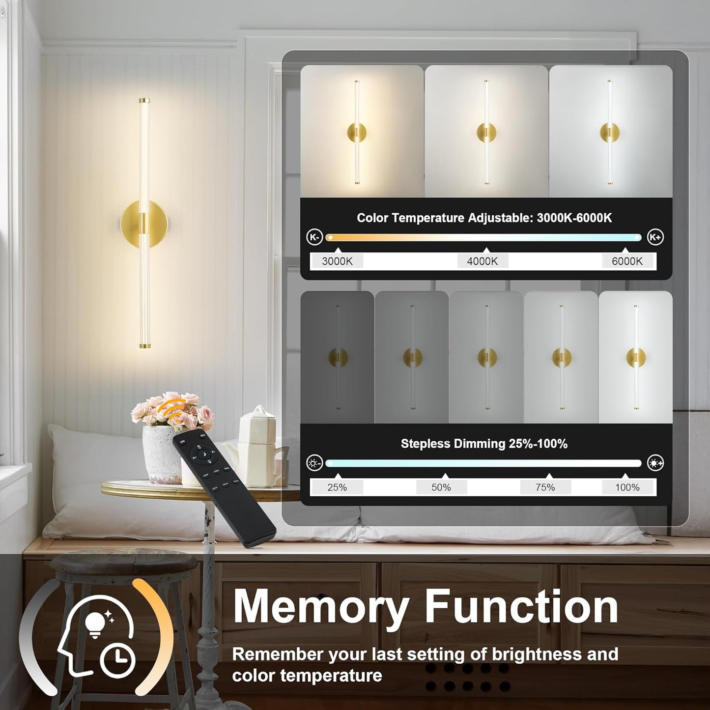 Wireless Wall Sconces Rechargeable Battery Operated LED Wall Light with Remote, 3000K-6000K Adjustable Stepless Dimming for Bedroom, Hallway, Kitchen, 23.6 Inch Gold