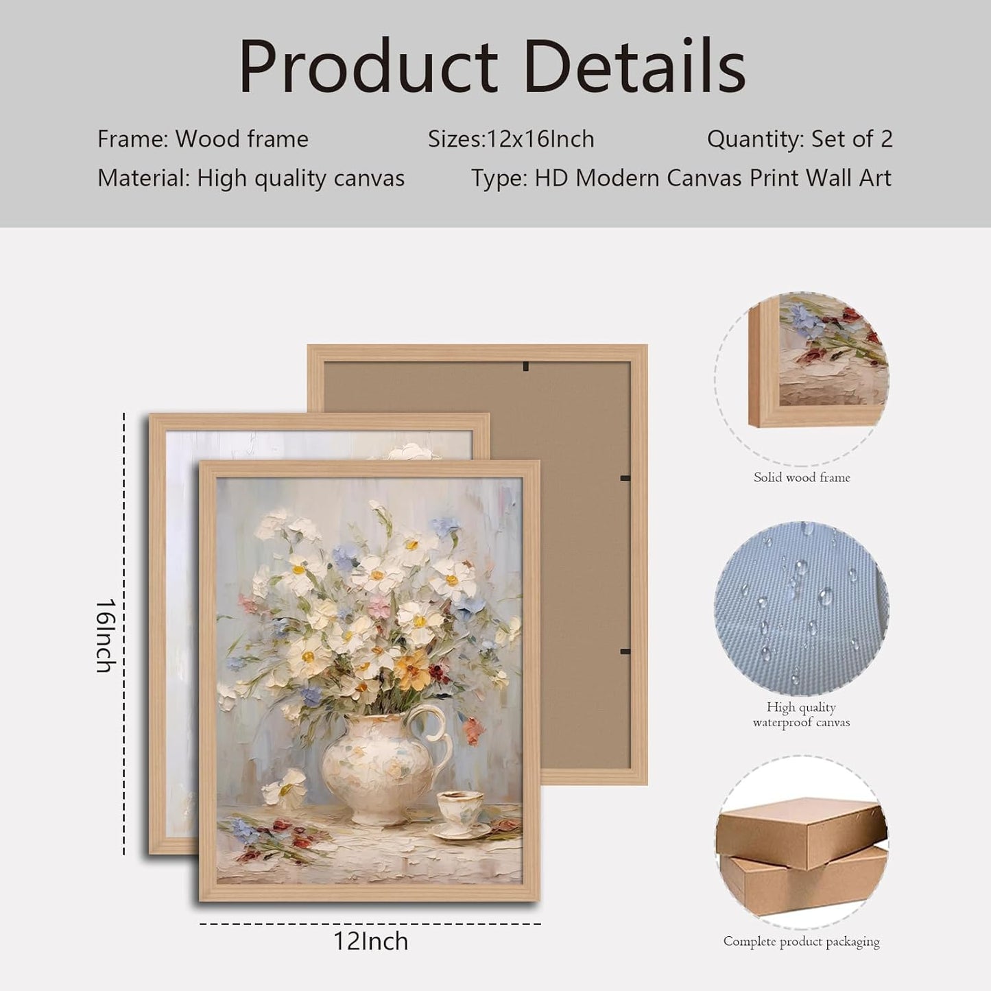 2Pcs Framed Vintage Canvas Wall Art, White Hydrangea Floral daisy Wall Decor Paintings, Flower Pictures Prints Aesthetic Home Decor for Living Room Bedroom Bathroom Office 12x16 inch Ready to Hang
