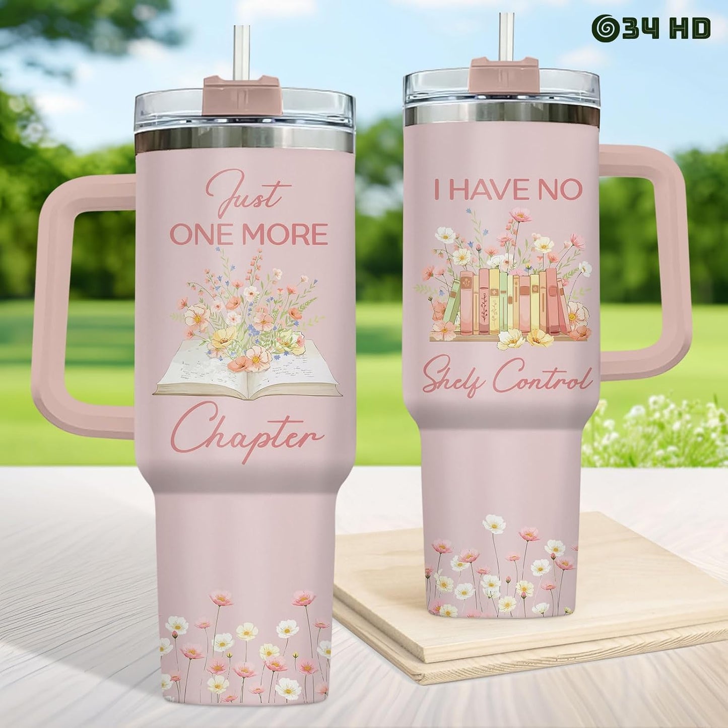 34HD Book Lover Gifts for Women 40 oz Tumbler with Handle - I Have No Shelf Control Funny Pun - Just One More Chapter Floral Travel Mug - Birthday Gift for Her