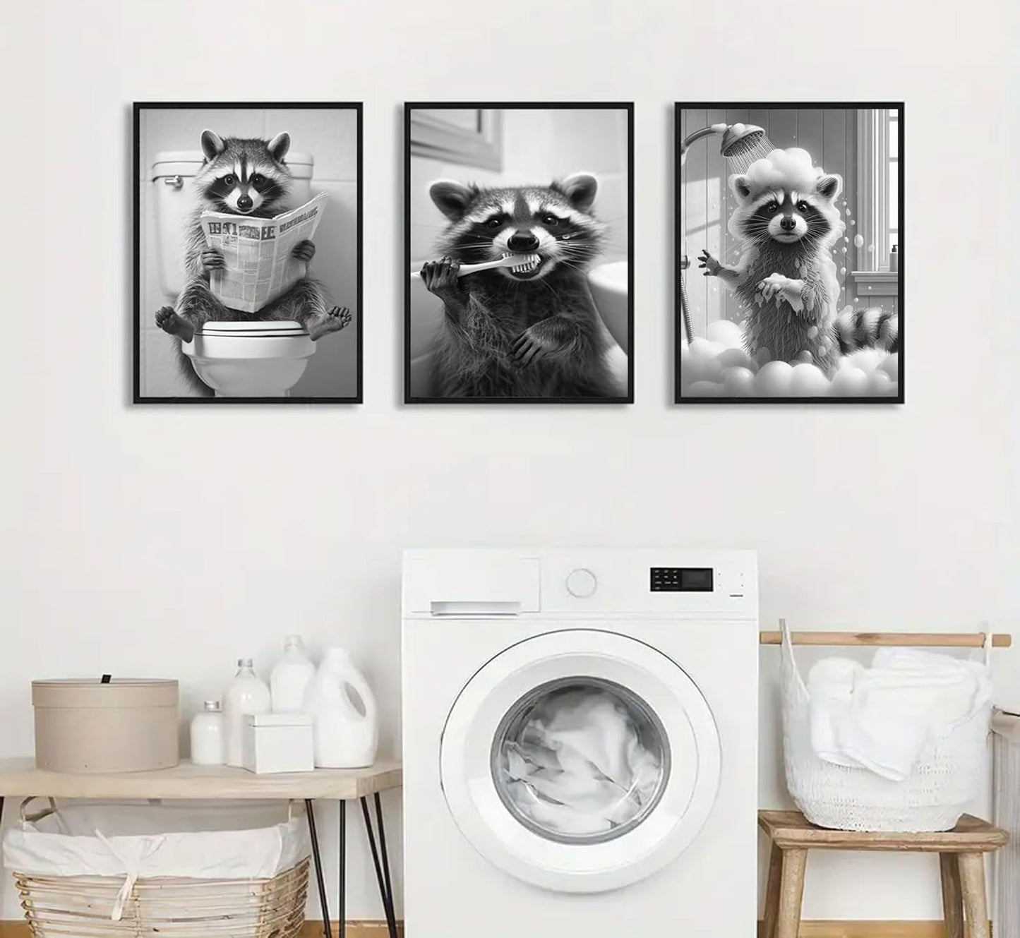 3pcs Adorable Raccoon Bathroom Canvas Wall Art Raccoon On Toilet Reading Newspaper Brush Teeth Posters Prints Black And White Animal Pictures Wall Decor for Bathroom Toilet Shower Room Decoration