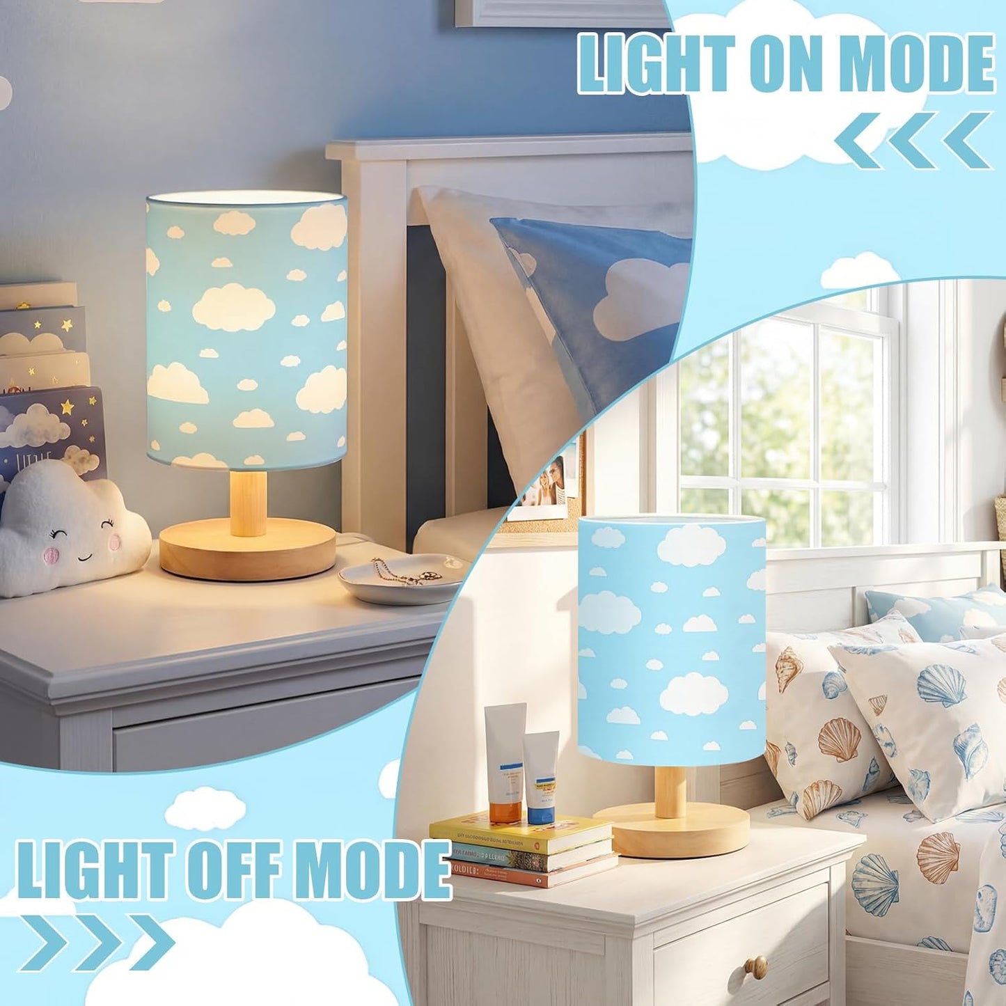 VIHOSE Cloud Kids Table Lamp for Bedroom Kids Bedside Lamp with Linen Wooden Nightstand Cartoon Nursery Lampshade for Girls Boys Living Room