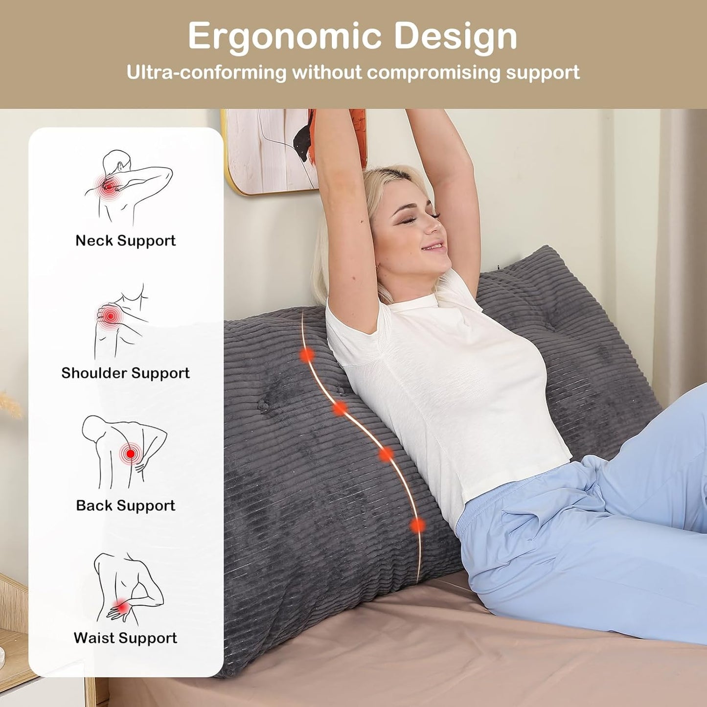 Headboard Pillow Queen, Wedge Headboard Pillow for Bed Sofa, Triangular Backrest Pillow with Removable Cover for Reading, Working, Sitting, Dark Grey