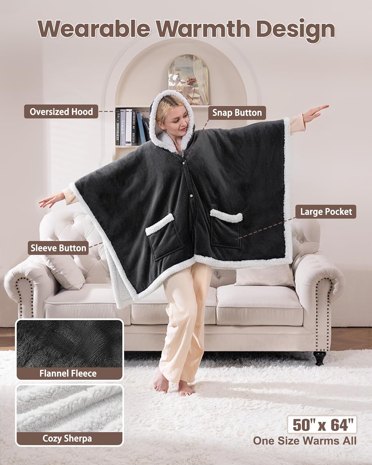 VOLISUN Wearable Heated Throw Blanket Electric Shawl,Heated Wrap Poncho Robes Hoodie for Adult,Birthday Christmas Gifts for Mom Women Grandma,9 Heating Levels & 1-10 Hours Time Settings,Grey