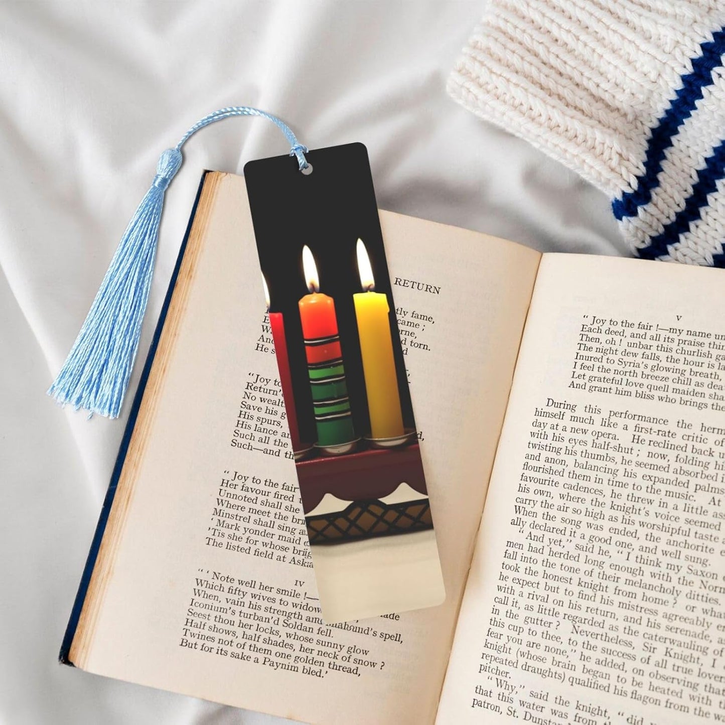 Kwanzaa Candles Metal Bookmarks Handmade Double-Sided Printed Book Marks Page Markers with Sky Blue Tassels Book Accessories Gift for Book Lovers Women Men