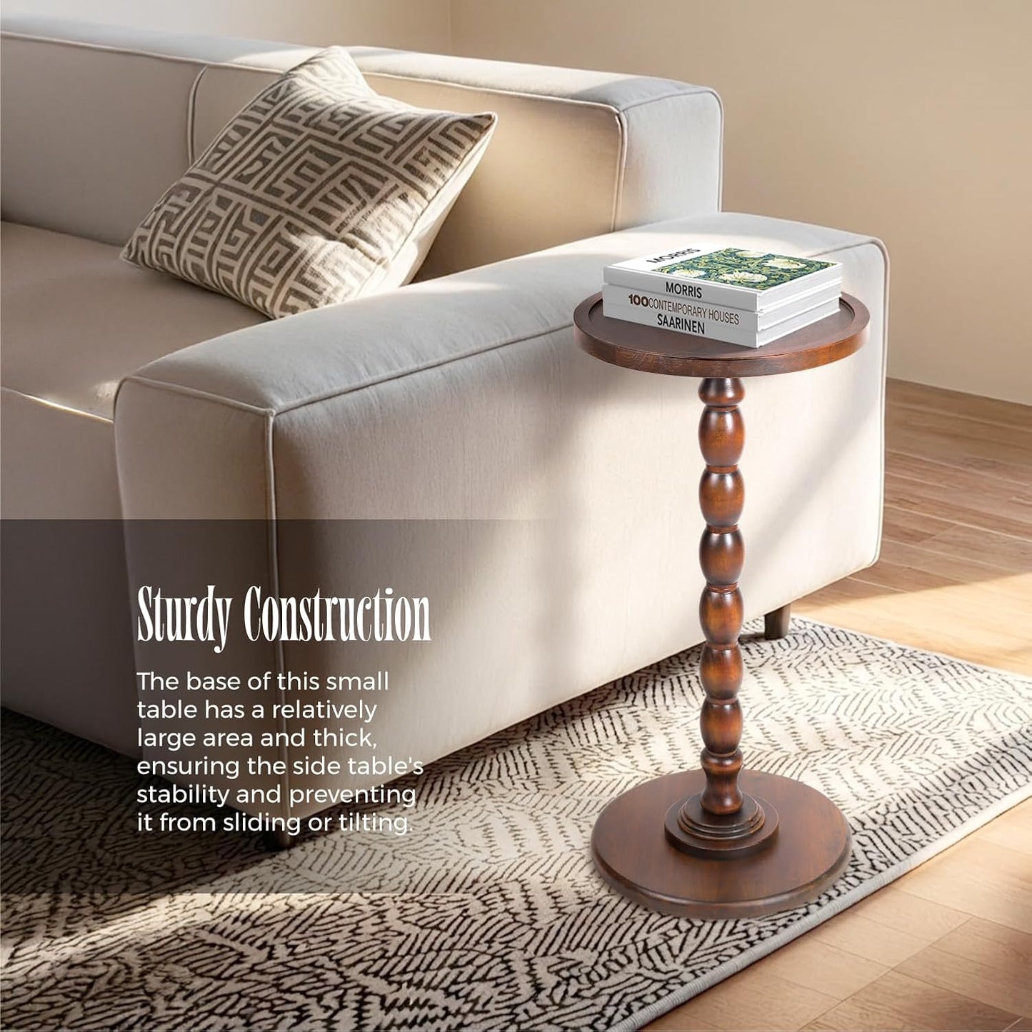 Solid Wood Round Pedestal Side Table with Tray-Top Rim – Bobbin Turned Accent End Table for Living Room, Bedroom – Compact Small Round Drink Table with Stable Base, Nightstand with Solid Table Wood