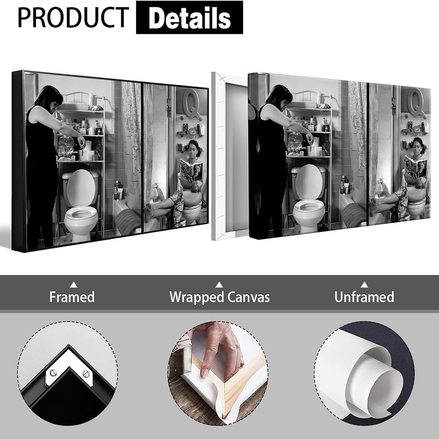 Funny Bathroom Canvas Posters Humor Black And White Wall Art Woman Toilet Reading Magazine Prints Painting For Living Room Restroom Dorm Wall Decor 8x12in Unframed