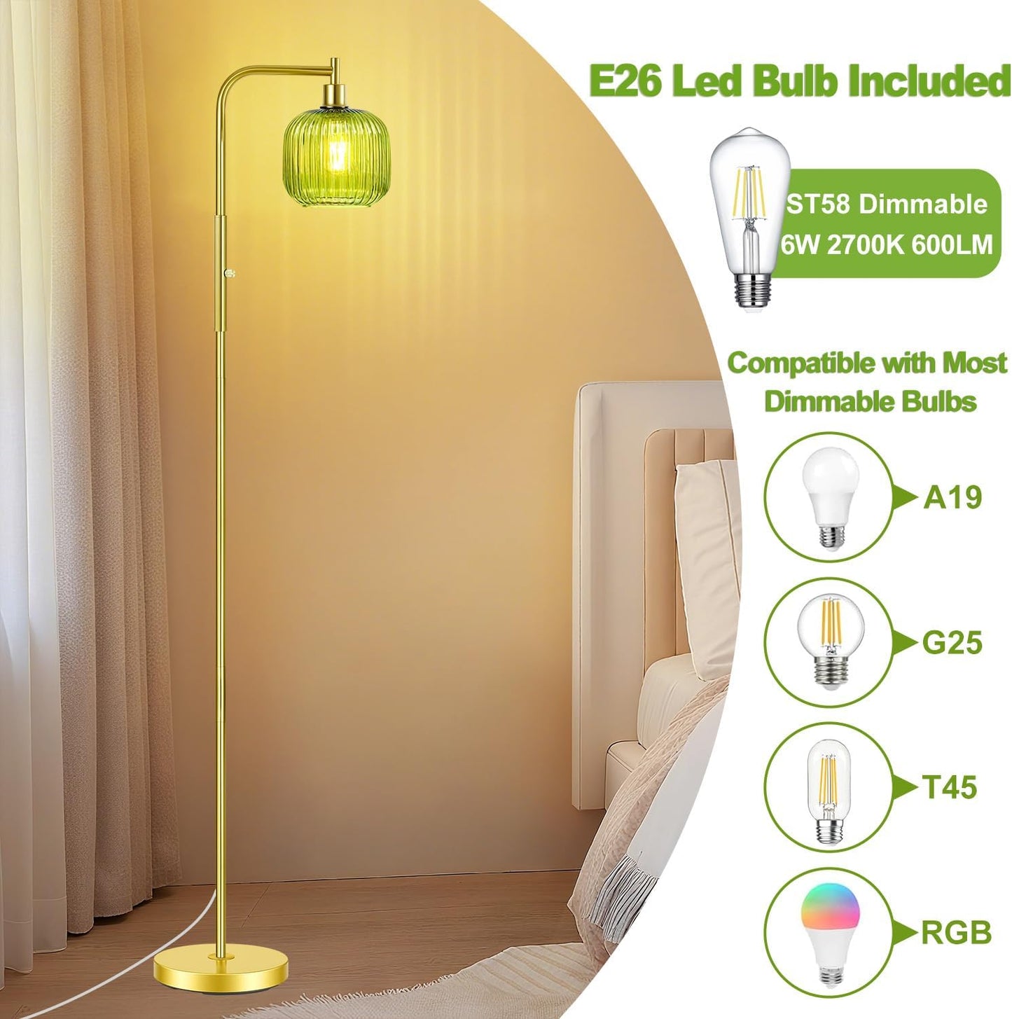 Dimmable Gold Floor Lamp with Ribbed Shade, Vintage Green Standing Lamp dimmable with Solid Base, Arc Floor Lamps Glass for Living Room, Bedroom, Office, Decorative Tall Corner Lamps Gift Use