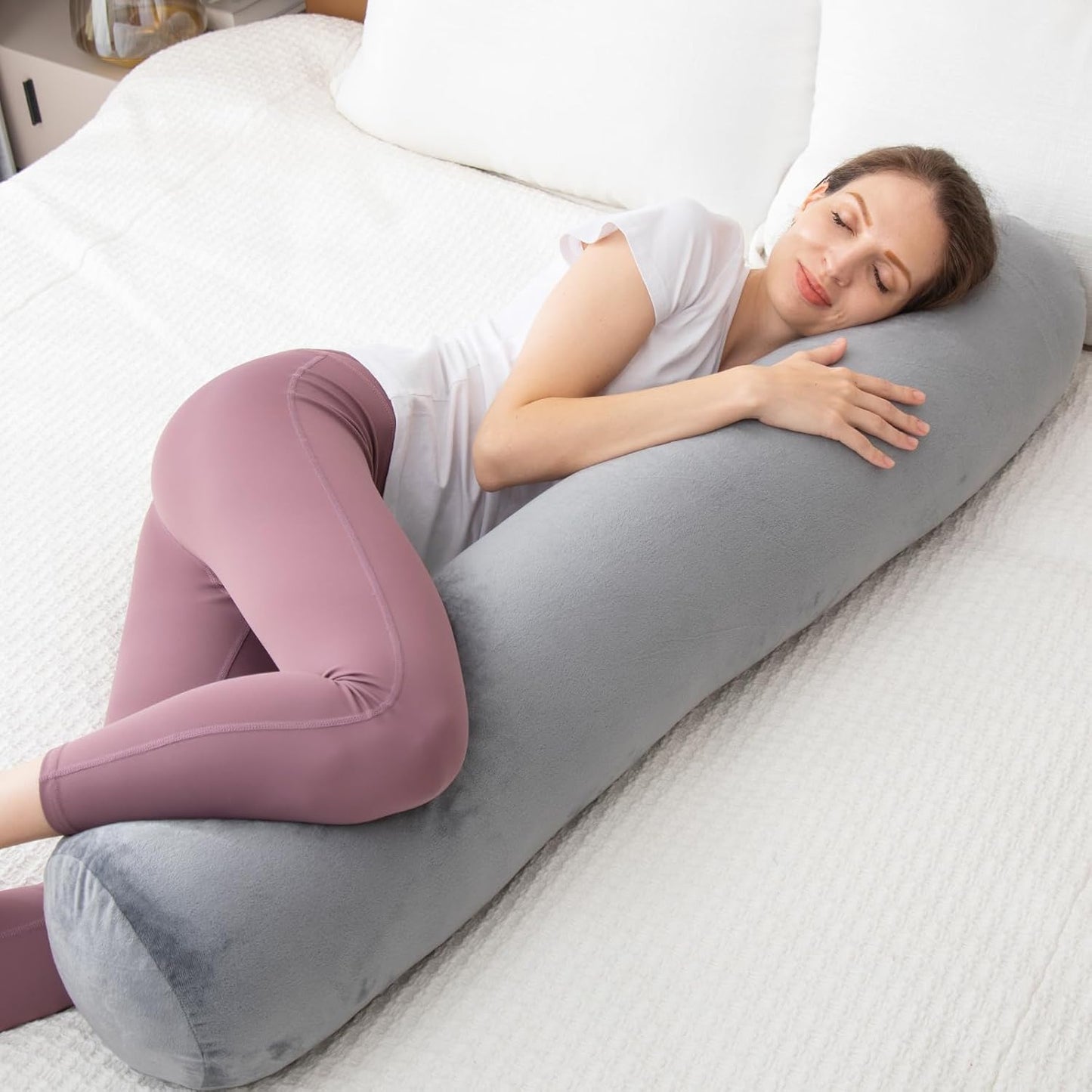 Body Pillow, Memory Foam Round Body Pillows for Adults, Firm Long Bolster Pillow for Bed, Cylinder Tube Roll Pillow with Velvet Cover, 47x7.87 Inches, Grey