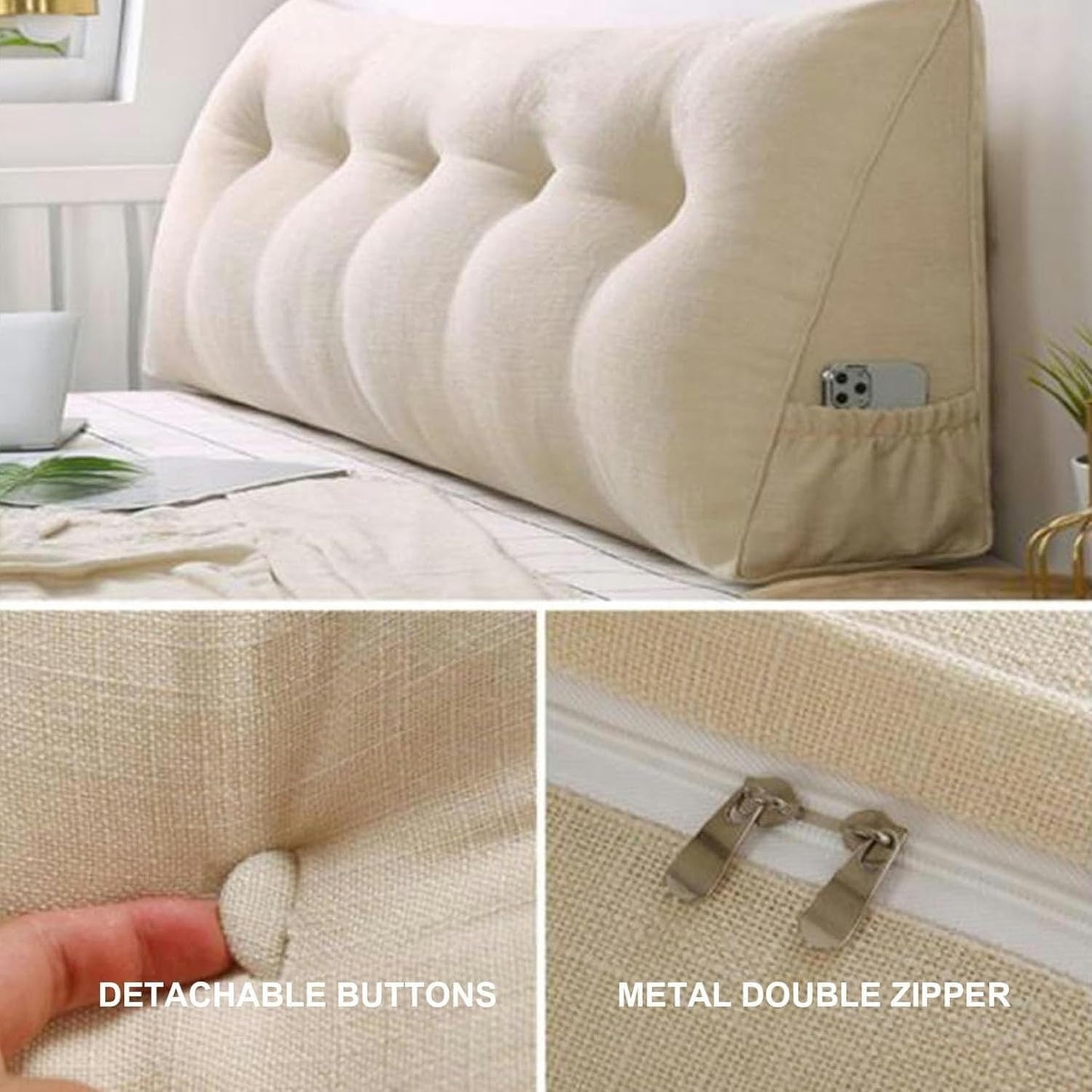 Large Triangular Headboard Pillow Wedge Reading Bed Rest Pillow Linen Cotton Bolster for Daybed Backrest Positioning Support Cushion with Removable Cover