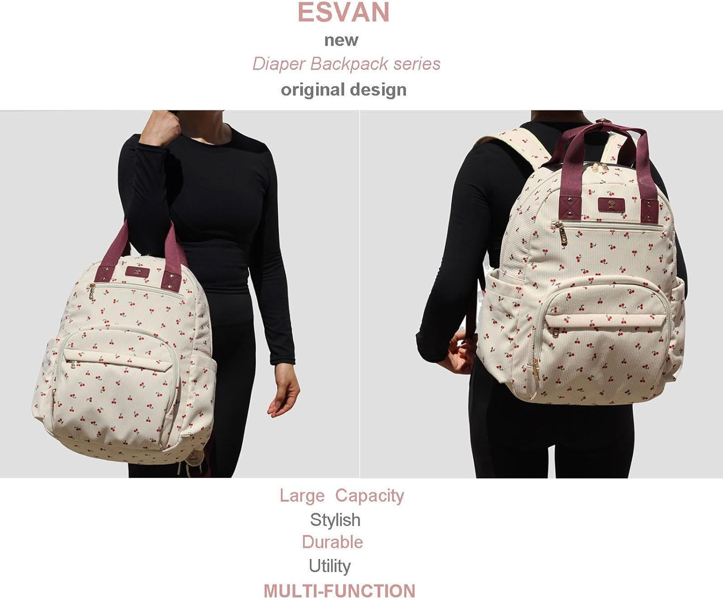 ESVAN Diaper Bag Backpack, Large Capacity Multifunction Baby Essentials Fashion Travel Pack Linen Canvas office Laptop Bag (Corduroy Hawthorn)