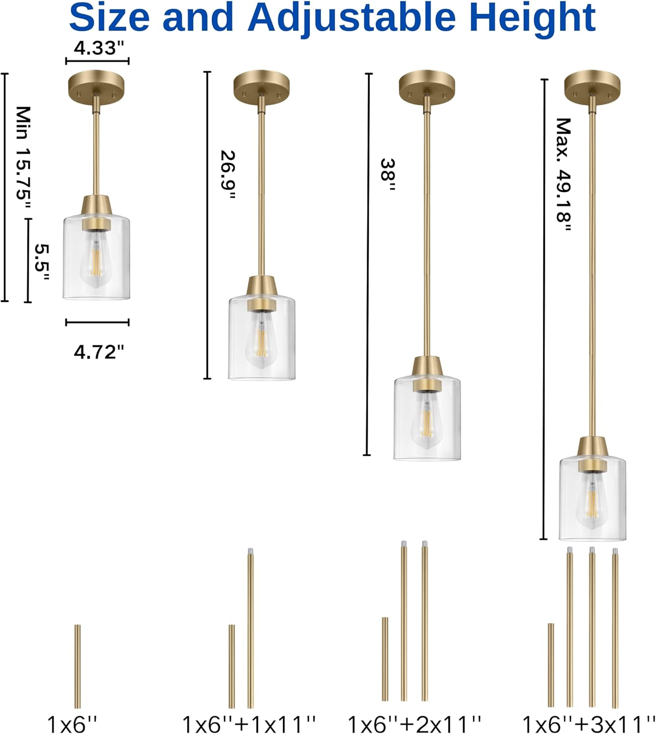 3 Pack 1 Light Brass Pendant Lights Kitchen Island, Gold Modern Chandelier Clear Glass Shade, Adjustable Multiple Stems Rods Hanging Farmhouse E26 Socket Light for Dining Room Bedroom Bar