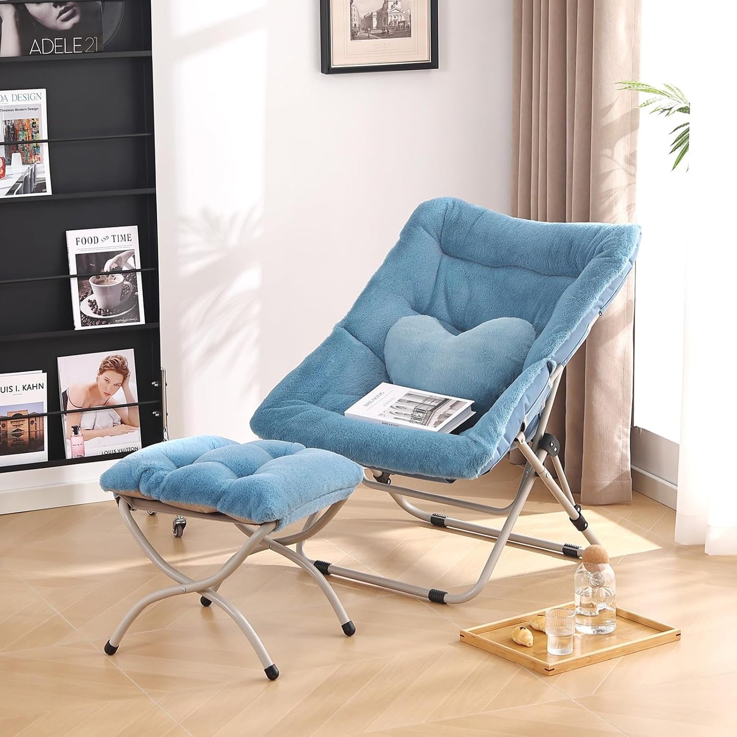 Saucer Chair with Ottoman, Comfy Oversized Folding Chair, Faux-Fur Reading Chair for Teens, Adults, Foldable Accent Lazy Chair, Metal Frame Chair for Living Room, Bedroom, Blue