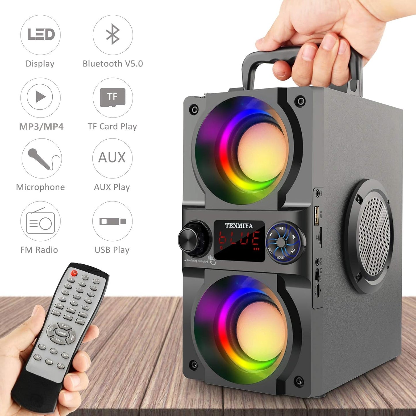 Bluetooth Speaker, 40W (60W Peak) Portable Wireless Speaker with Colorful Lights, Double Subwoofer Heavy Bass, FM Radio, MP3 Player, Bluetooth 5.0, Loud Stereo speakers for Home Outdoor Party Camping