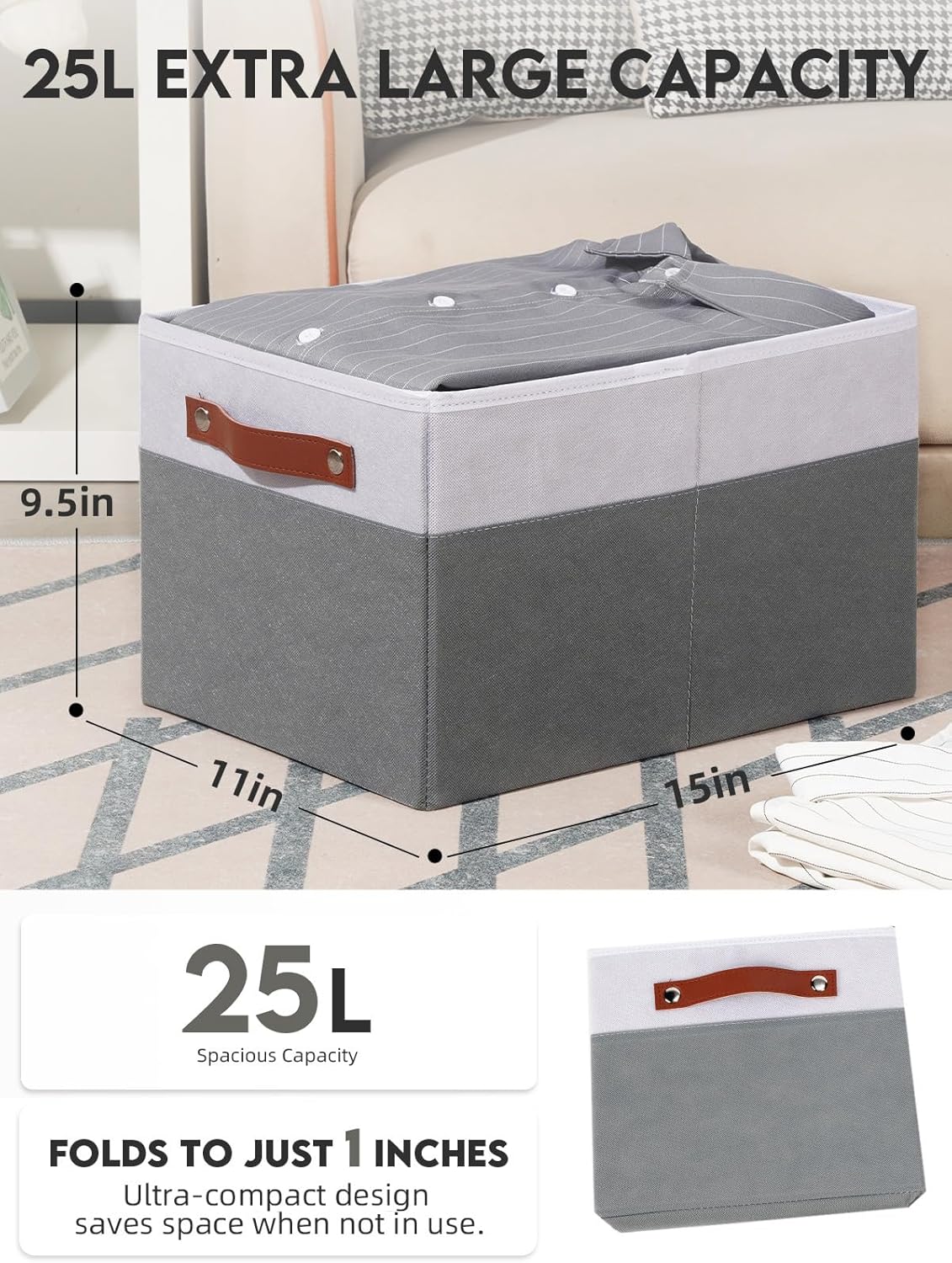 [6-Pack] Fabric Storage Bins (15x11x9.5”) – Reinforced 2.5mm Cardboard Shelf Bins with PU Leather Handles – Durable Storage Baskets for Closet Organization, Toy Organizer, & Home Office – White&Grey