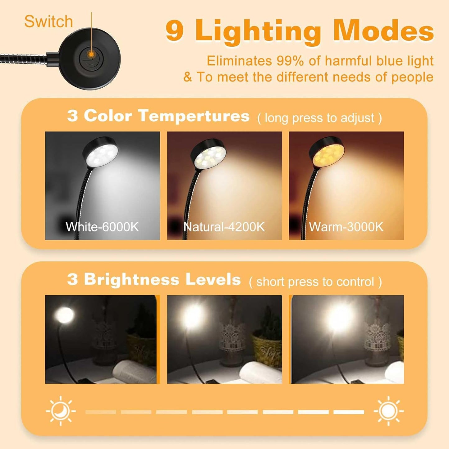 Rechargeable Book Light for Reading in Bed, Eye Caring Book Reading Lamp with 10 LED Modes,1.3 oz Lightweight Portable Clip on Light, 360° Adjustable Clamp Light Perfect for Readers