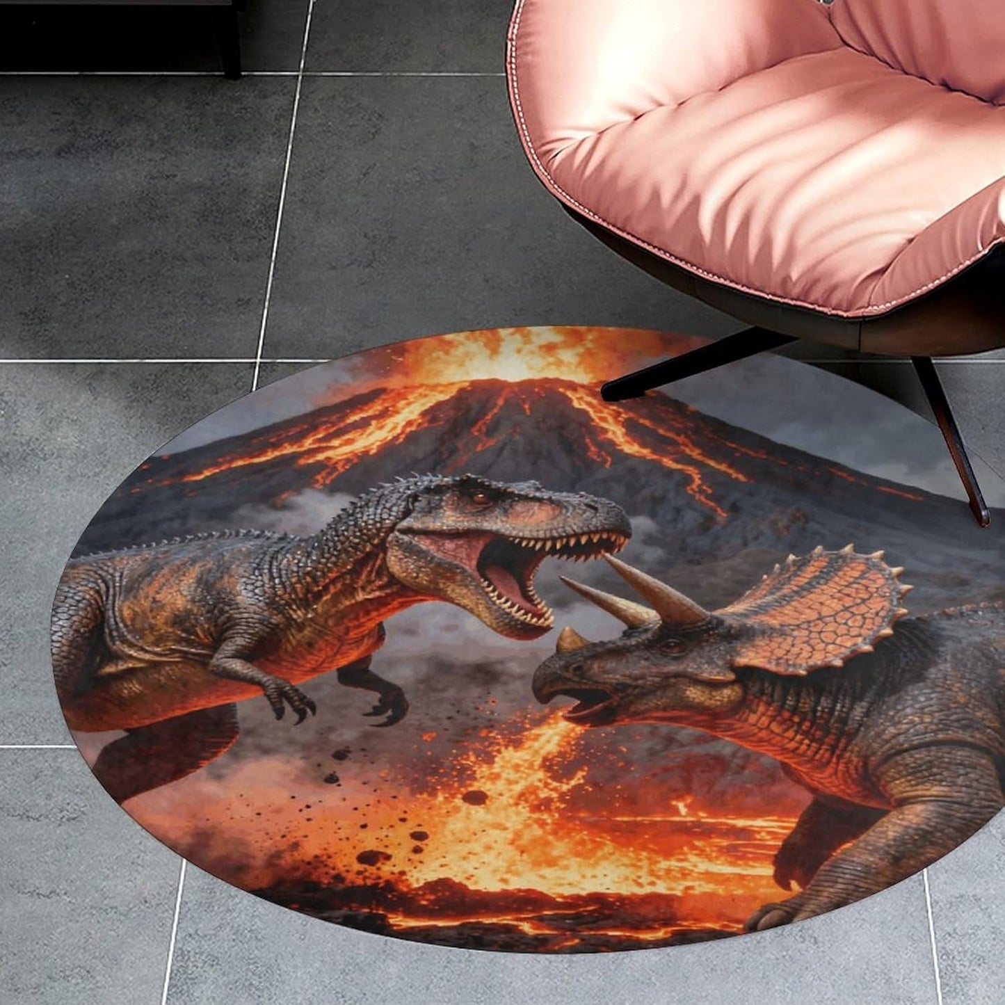 Coral Velvet Round Area Rug 3' Non-Slip TPR Backing Carpet 0.2 Inch Low Pile Dinosaur Volcano Eruption Door Mat Washable Decorative Floor Rug for Bathroom Kitchen Entryway Home Decor