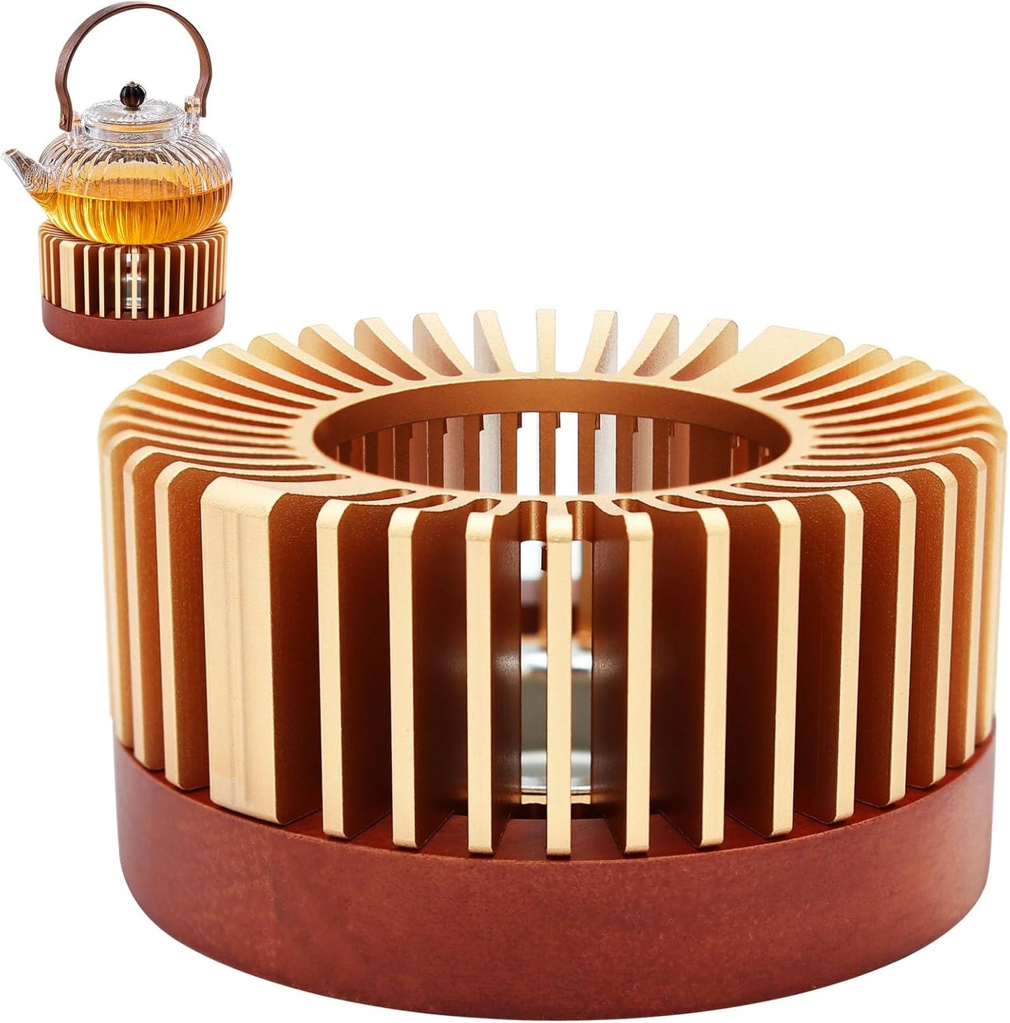 Inmorven Teapot Warmer, Aluminum Tea Warmer with Wooden Base, 4.33 inch Candle Heater for Heating Tea, Coffee, Milk, Food,Camping and Traveling, Suitable for All Teapots - S