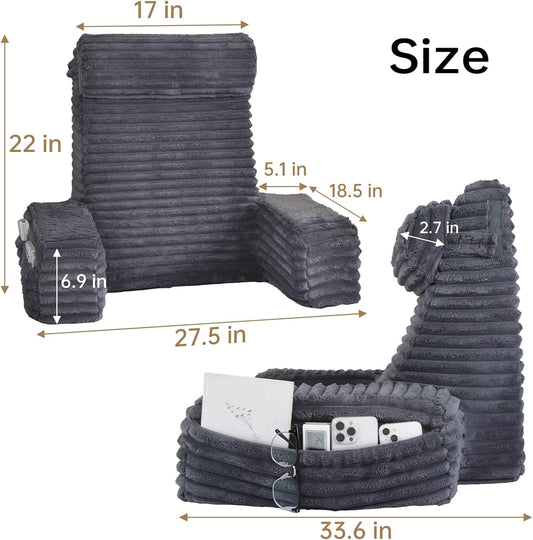 Back Pillow for Bed Sitting Up — 22" XL with Armrests, Big Pockets, Soft Support Chair (Dark Grey)