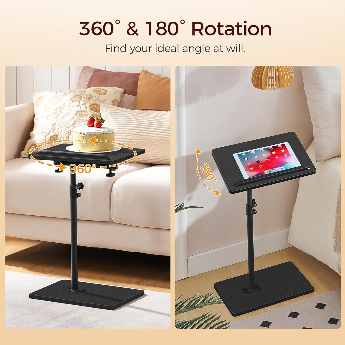TV Tray Table, Sofa Armrest Tray Table for Couch, 360° Swivel Height Adjustable End Table, Snack Side Table with Phone and Tablet Slot, C Shaped Black ETBK4501