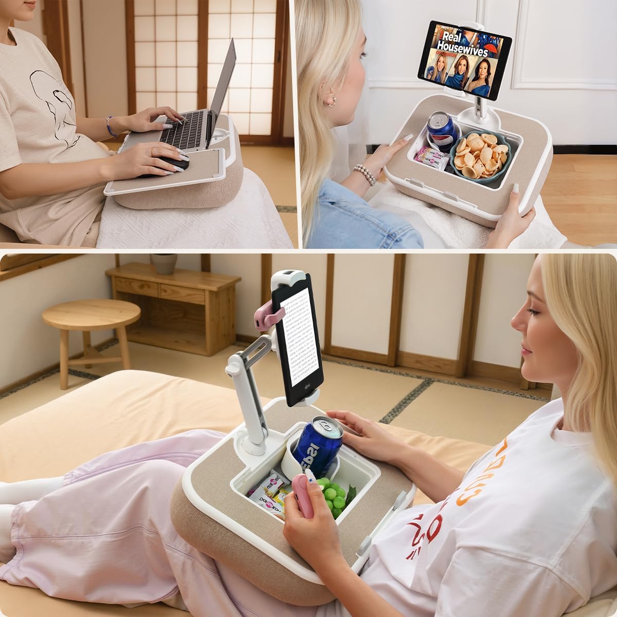Tablet Pillow Stand,Phone Holder for Bed,Laptop Lap Desk with Snack Bowl,360° Rotating Clip Compatible with 4.7-13" iPad/Kindle/Phone,11-15" Laptop,Hands-Free Reading and Relaxation on Bed(Khaki)