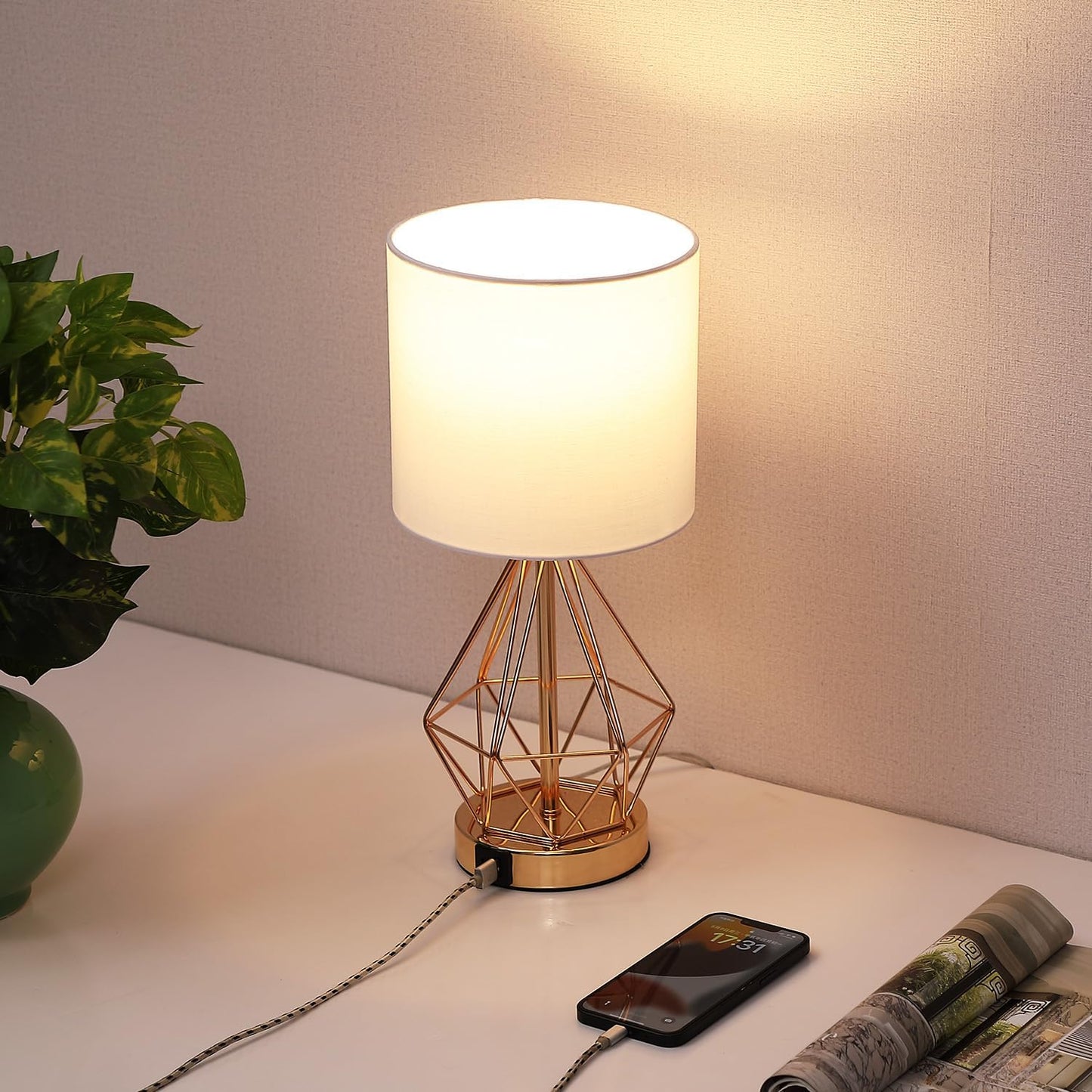Gold Bedroom Lamps Set of 2, 3 Way Dimmable Touch Table Lamp with USB A+ C Port, Modern Small Lamp for Nightstand with Fabric Shade, Brass Bedside Lamp for Bedroom Living Room, 2 LED Bulbs Included