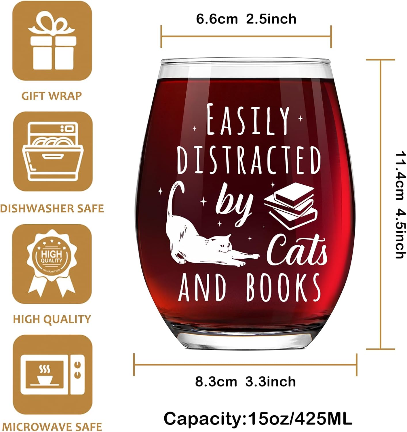 Bookish Wine Glass Gifts for Women Cat Book Lovers, Easily Distracted By Cat And Books glass, Funny 15oz Wine Glasses Birthday Christmas Reading day Gift for Her, Him, Readers, Bookworm, Librarians-48