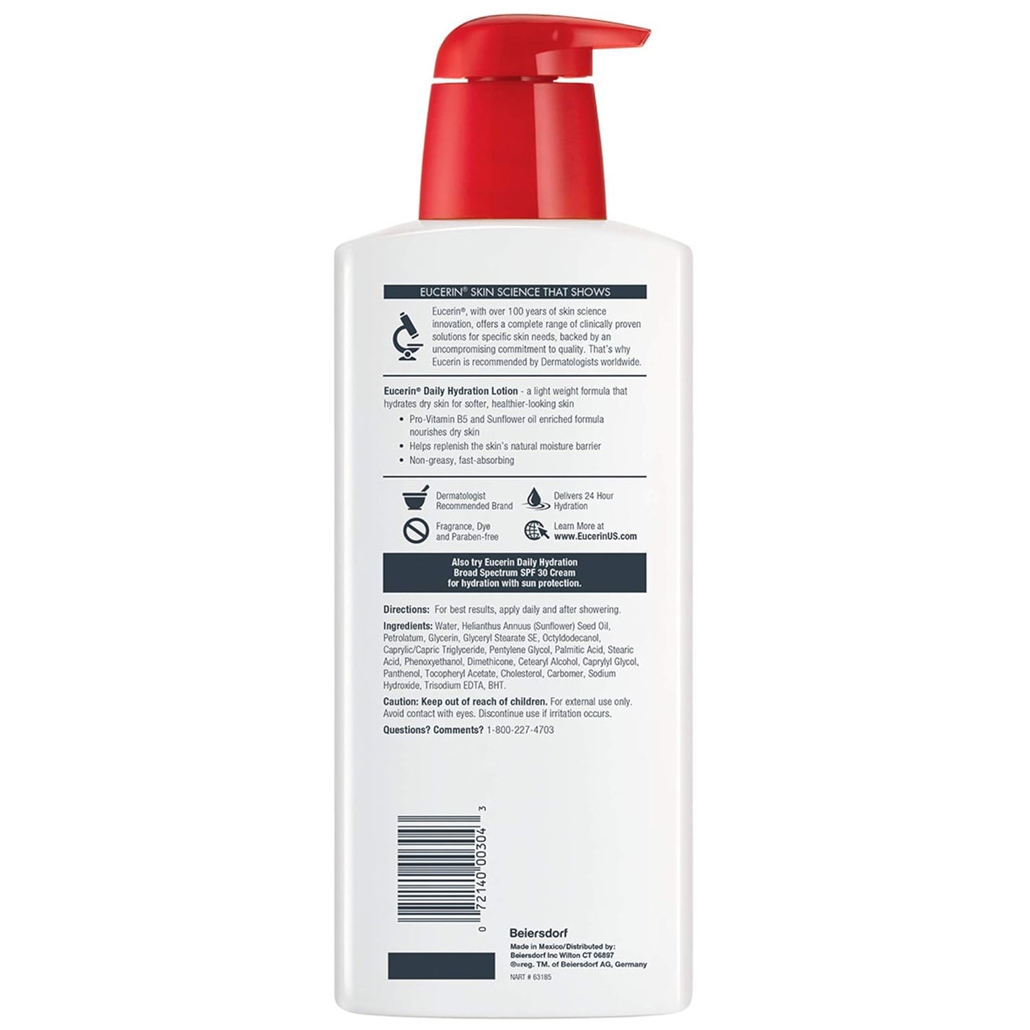 Eucerin Daily Hydration Body Lotion, Unscented Body Lotion for Sensitive Dry Skin, Holiday Gifts for Self Care, 16.9 Fl Oz Pump Bottles, Pack of 3
