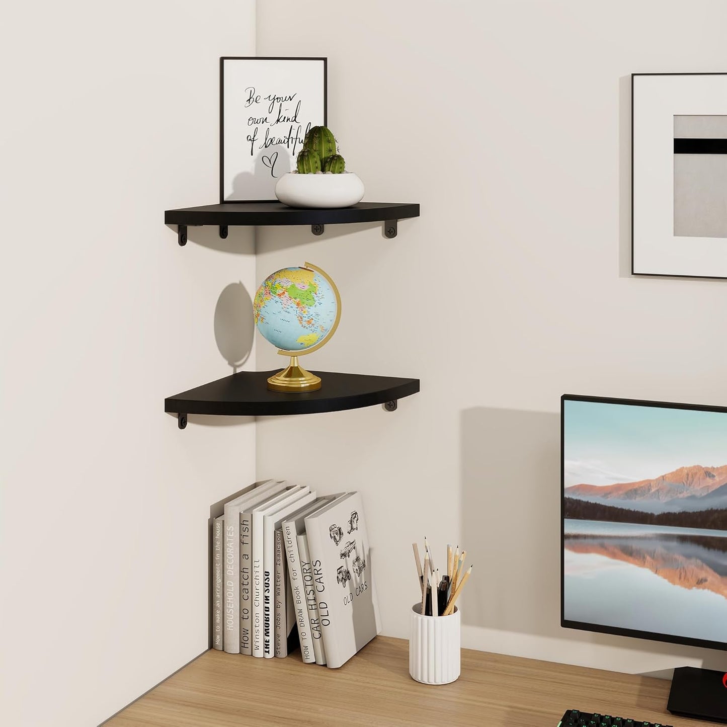 Fun Memories Corner Shelf Wall Mount, Solid Oak Wood Floating Corner Shelves with Cable Hole, 8.5in Rustic Design for Bedroom, Bathroom, Kitchen, Living Room (Black, 1 Pack)