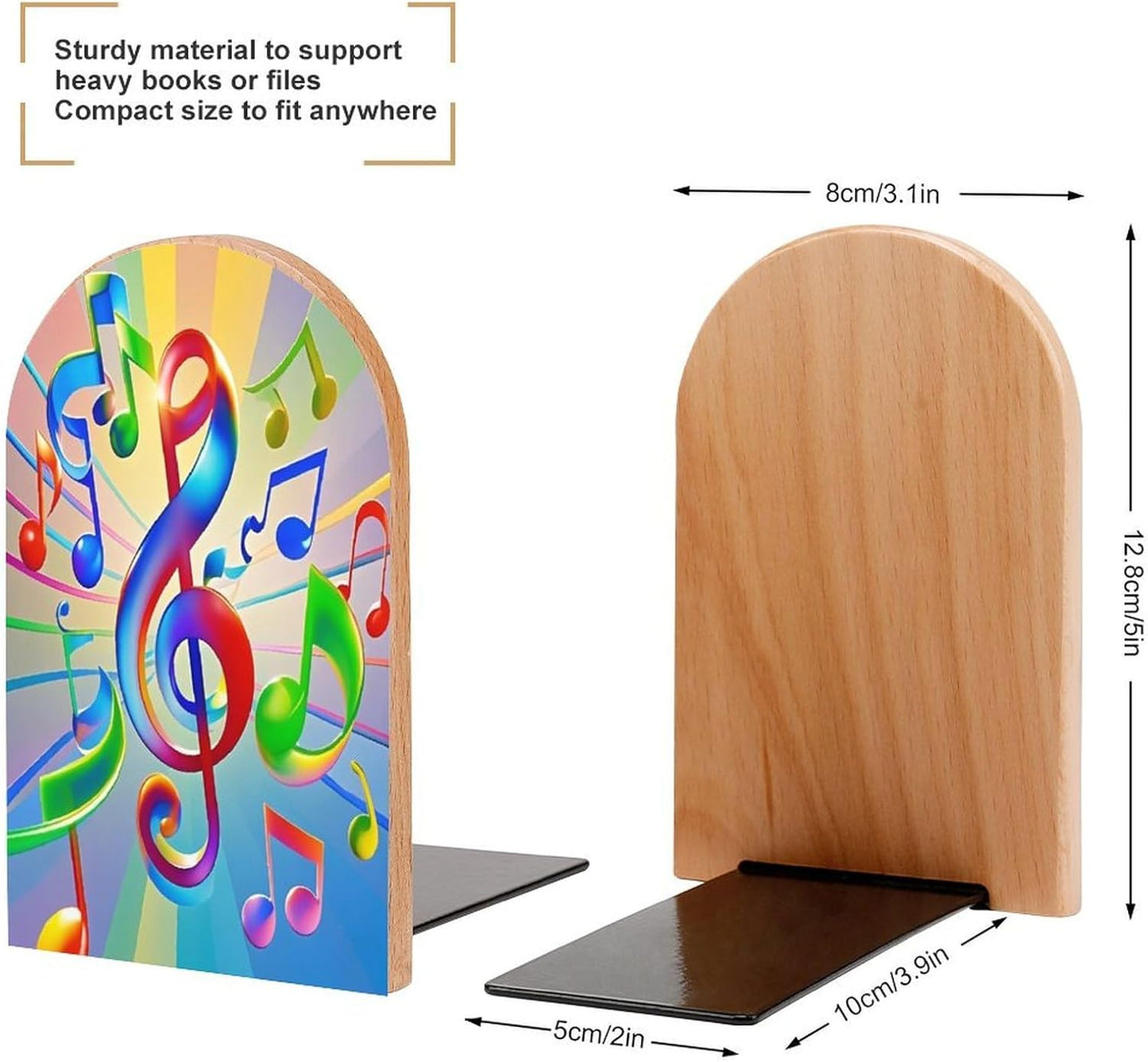 Colorful Music Bookends 1 Pair Heavy Duty Book Ends for Shelves Non-Skid Bookend Supports Wooden Book Holders with Metal Base Desk Organizers Books Storage to Hold Books