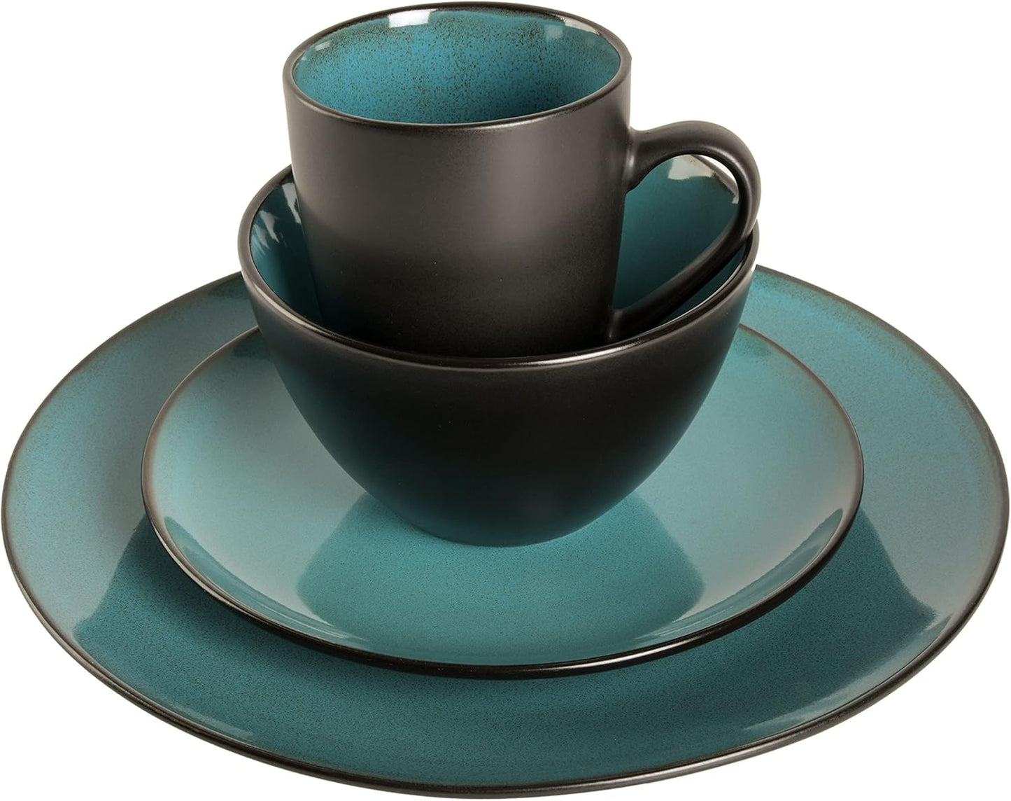 Gibson Elite Soho Lounge 16-Piece Round Reactive Glaze Stoneware Dinnerware Set, Service for 4 – Teal Plates and Bowls
