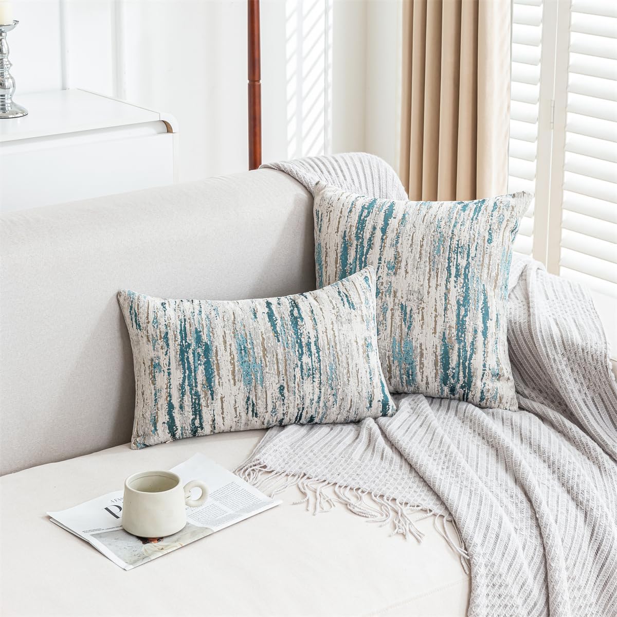 Lumbar Pillow Covers 12x20 Inch Set of 2 - Chenille & Jacquard Textured Cushion Covers with Abstract Striped Design - Modern Coastal Decor in Cream Beige & Teal Ombre
