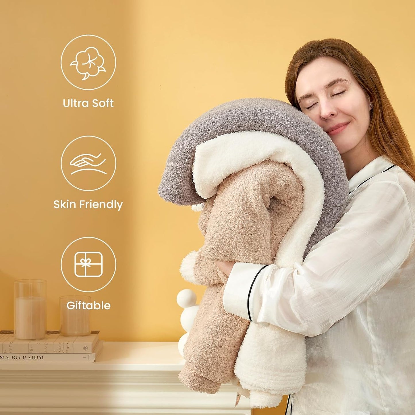Snuggle Sac Ultra Soft Throw Blanket for Couch Bed Sofa 50x60 inches, Reversible Cream Blanket Microfiber Fluffy Fuzzy Cozy Knit Throws for Women Mothers Birthday Gifts